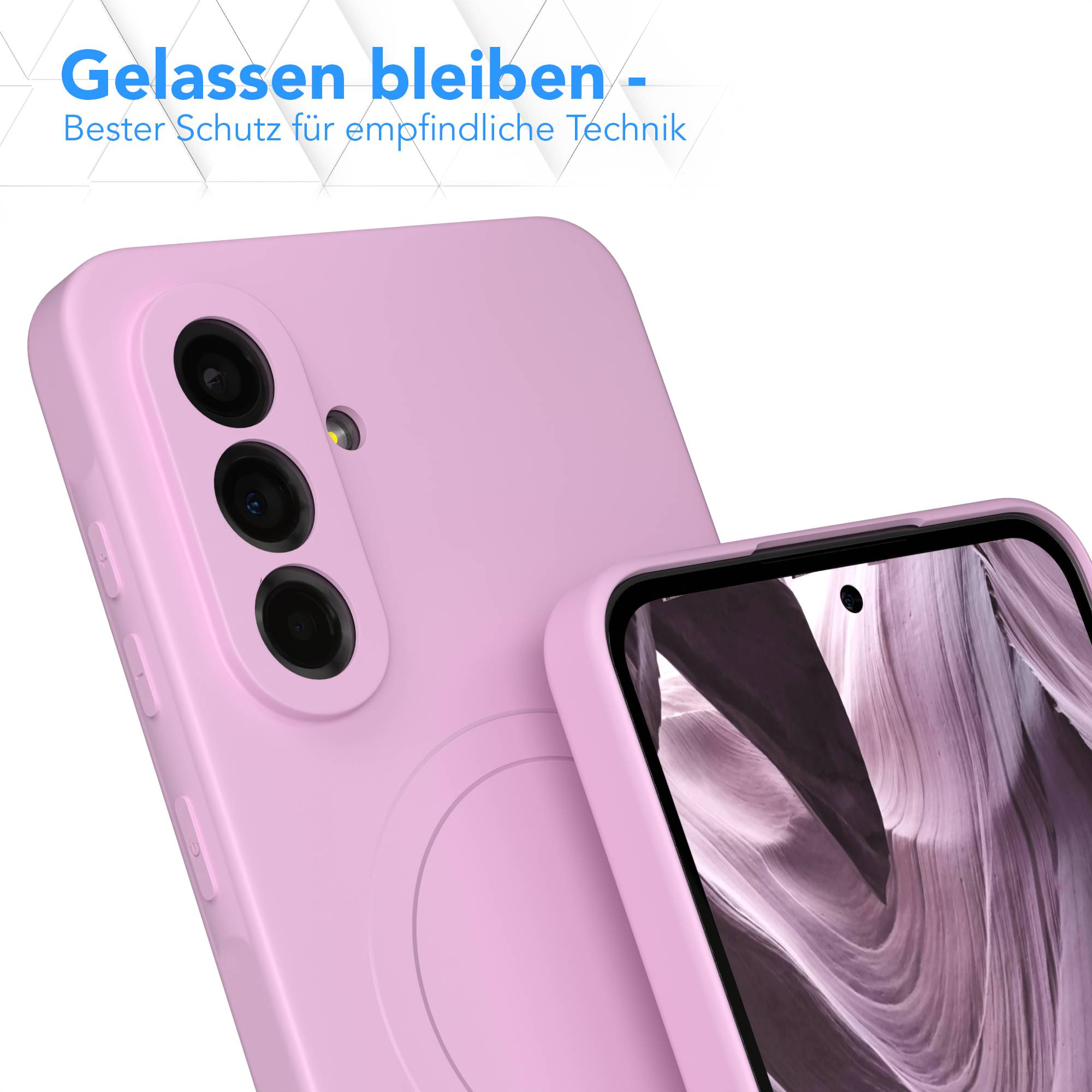 Eine rosa Handyhülle mit einem Telefon darin. Die Kameralinsen und der Bildschirm des Telefons sind sichtbar. Text auf Deutsch oben.