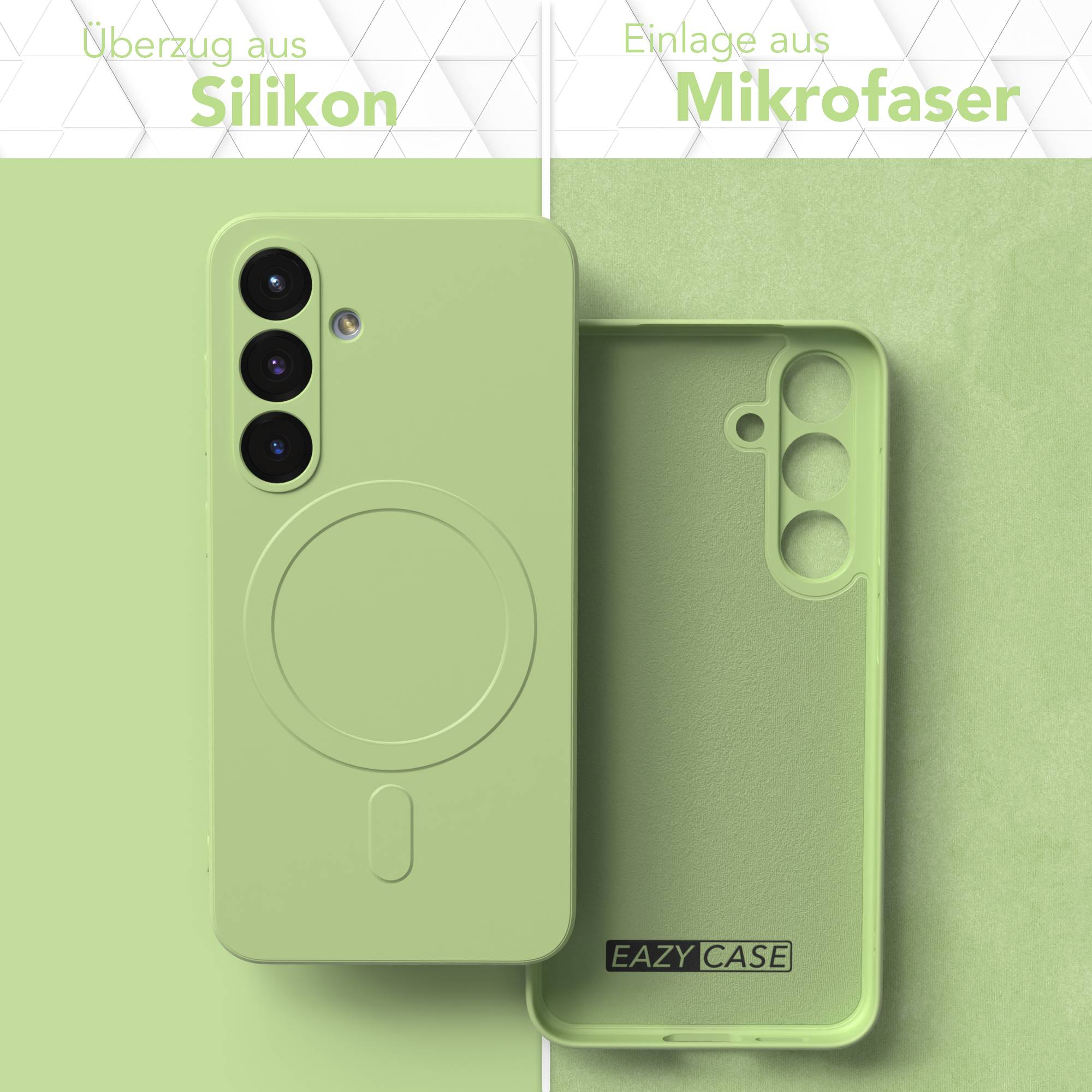 Eine grüne Telefonhülle, geöffnet, mit einem Mikrofaser-Innenraum. Auf der Hülle steht 'EAZY CASE'.