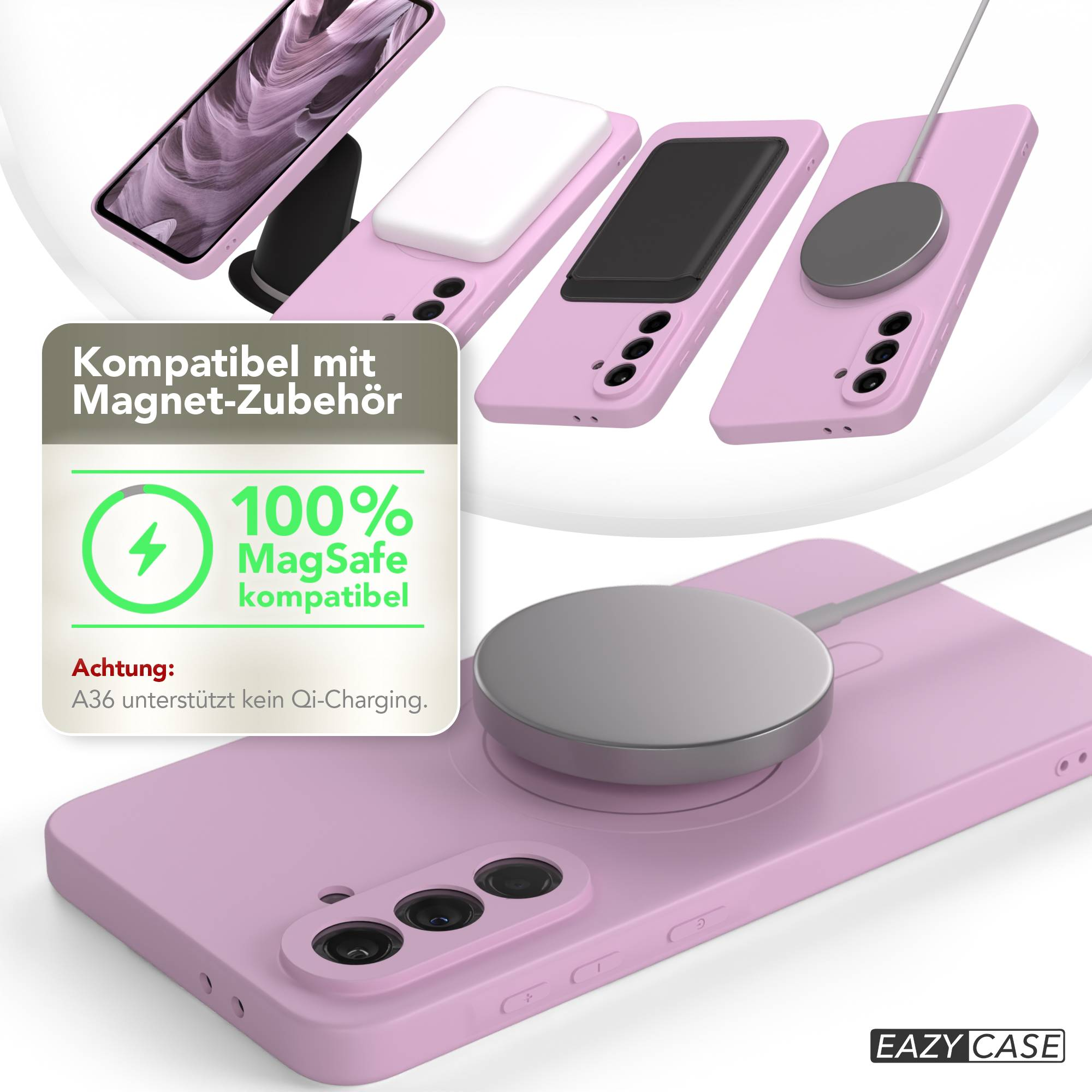 Pinkfarbene Handyhüllen mit MagSafe-Zubehör werden gezeigt. Eine Grafik zeigt MagSafe-Kompatibilität. Text lautet 'Eazy Case'.