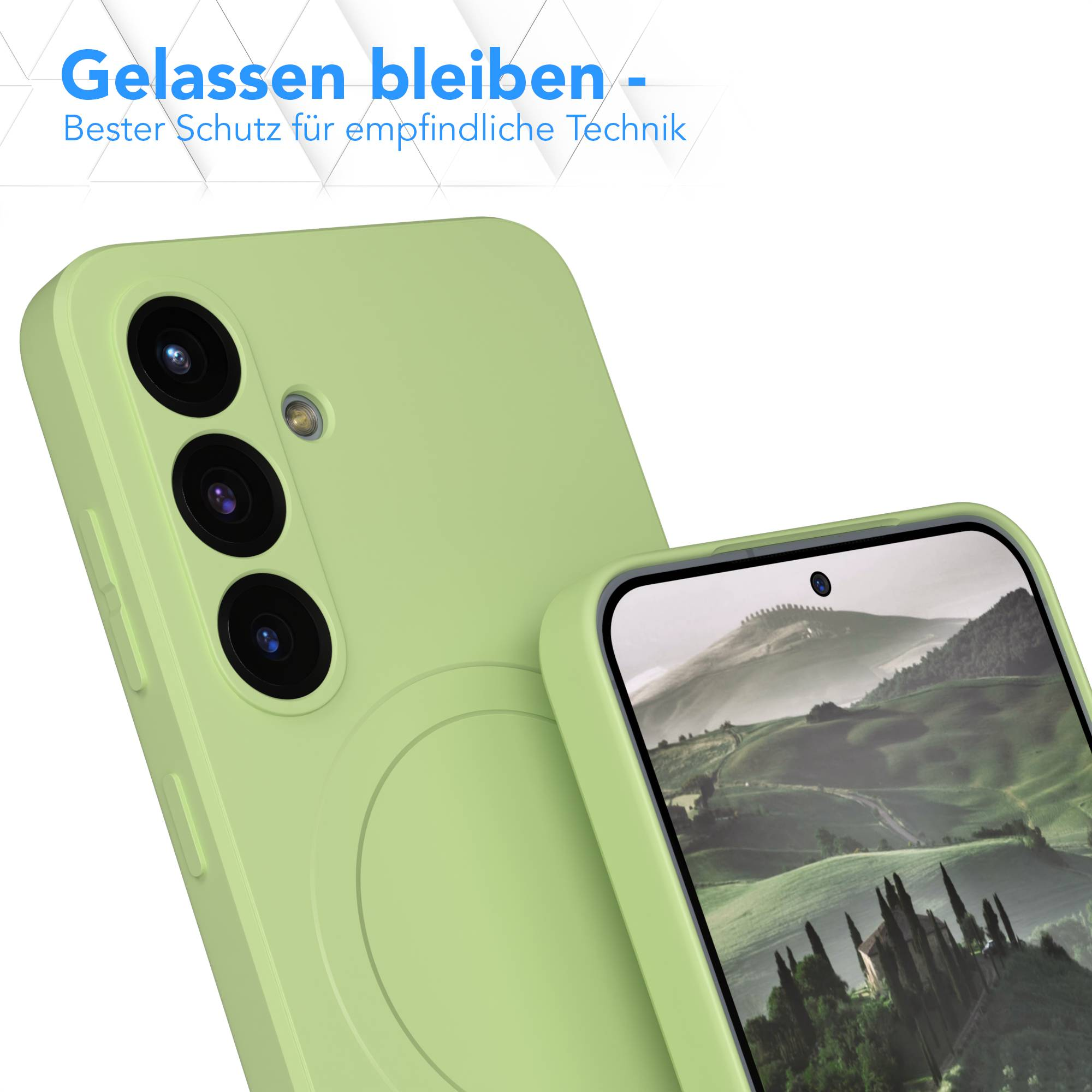 Grüne Handyhülle mit Telefon mit Landschaftsbild. Text oben lautet "Gelassen bleiben".
