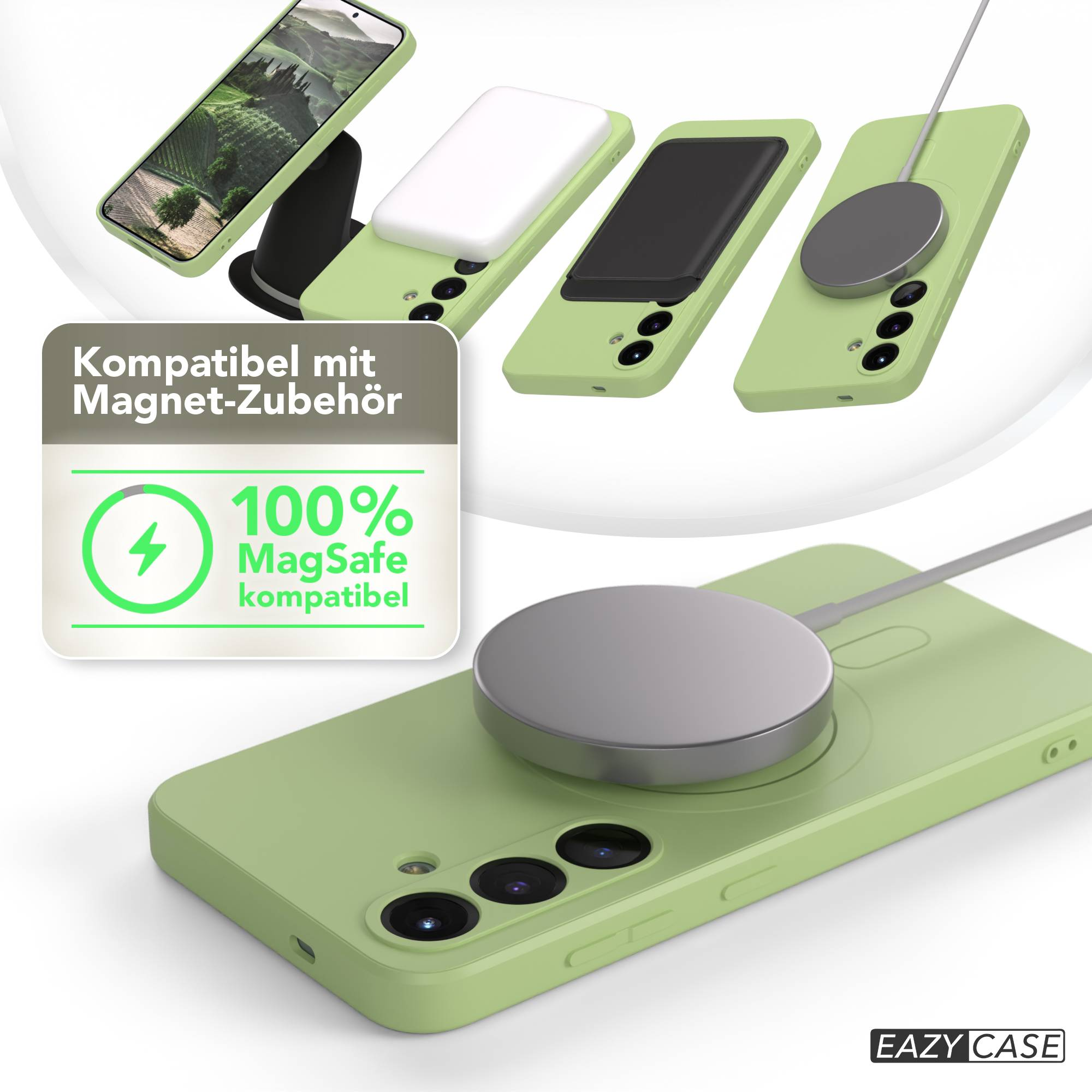 Grüne Handyhüllen mit Zubehör. Ein Telefon mit Landschaftsbildschirm, weißem und schwarzem Zubehör und einer Ladescheibe.