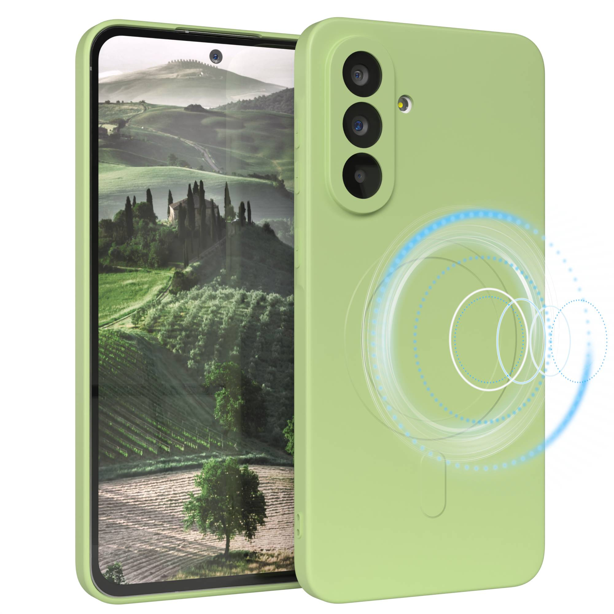 Ein Telefon in einer grünen Hülle. Der Bildschirm zeigt eine Landschaft mit Bäumen und Feldern. Die Rückseite hat Kameras und einen Kreis.