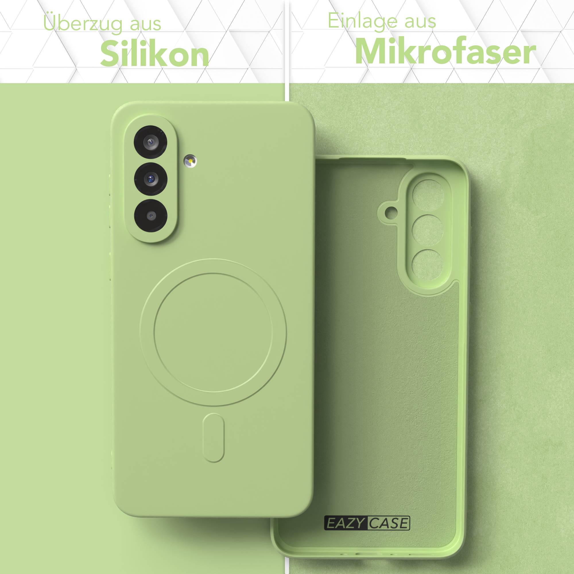Grüne Handyhülle mit Silikonaußenseite und Mikrofaserinnenseite. Die Hülle ist geteilt, um beide Seiten zu zeigen.