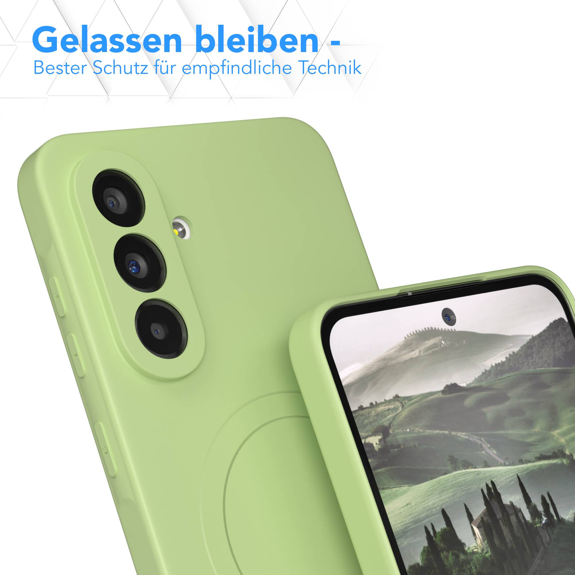 Eine hellgrüne Handyhülle mit einem Telefon darin. Das Telefon zeigt eine Landschaft. Oben steht 'Gelassen bleiben'.