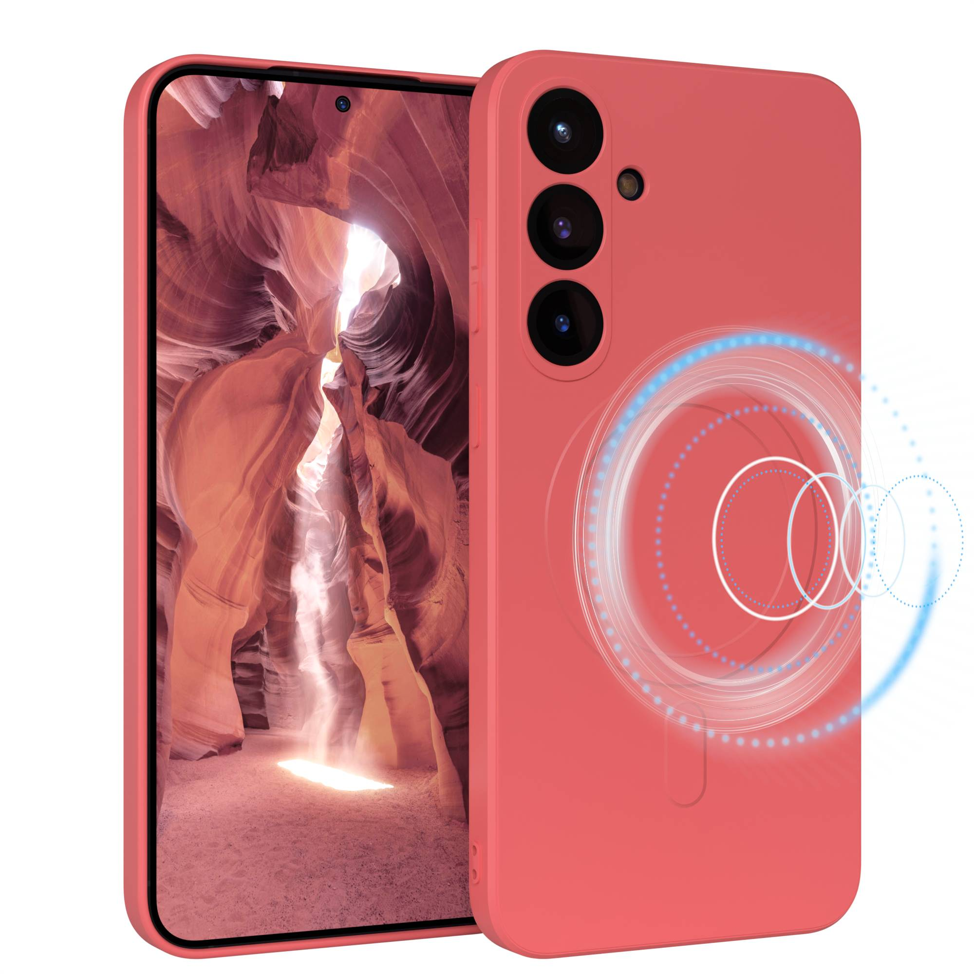 Eine korallenfarbene Handyhülle mit einem Handy, das einen Canyon zeigt. Die Hülle hat 3 Kameras. Auf der Rückseite befindet sich ein blaues Kreisdesign.