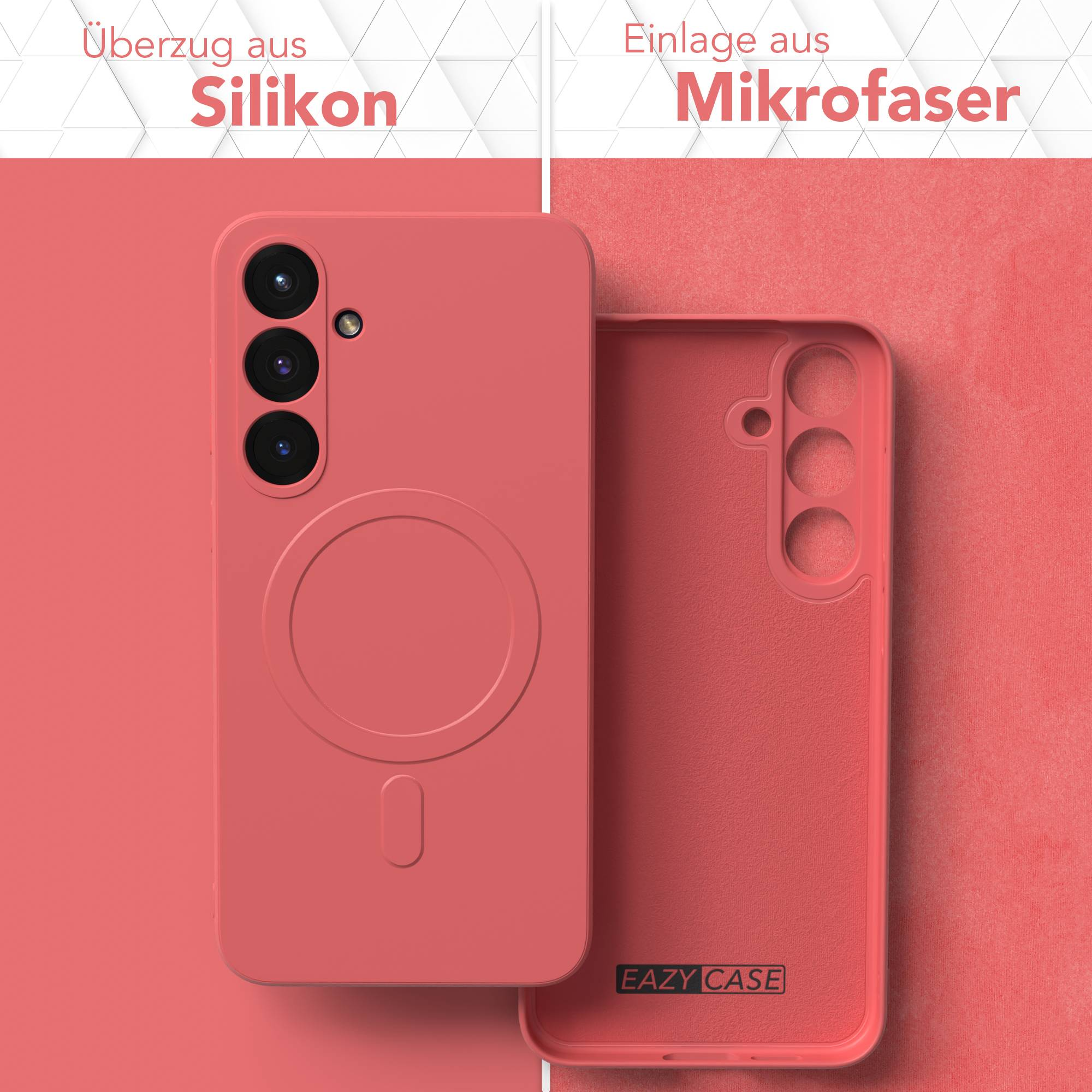 Eine korallenfarbene Handyhülle mit einem Telefon darin, das die Vorder- und Innenseite zeigt. Der Hintergrund ist korallenfarben.