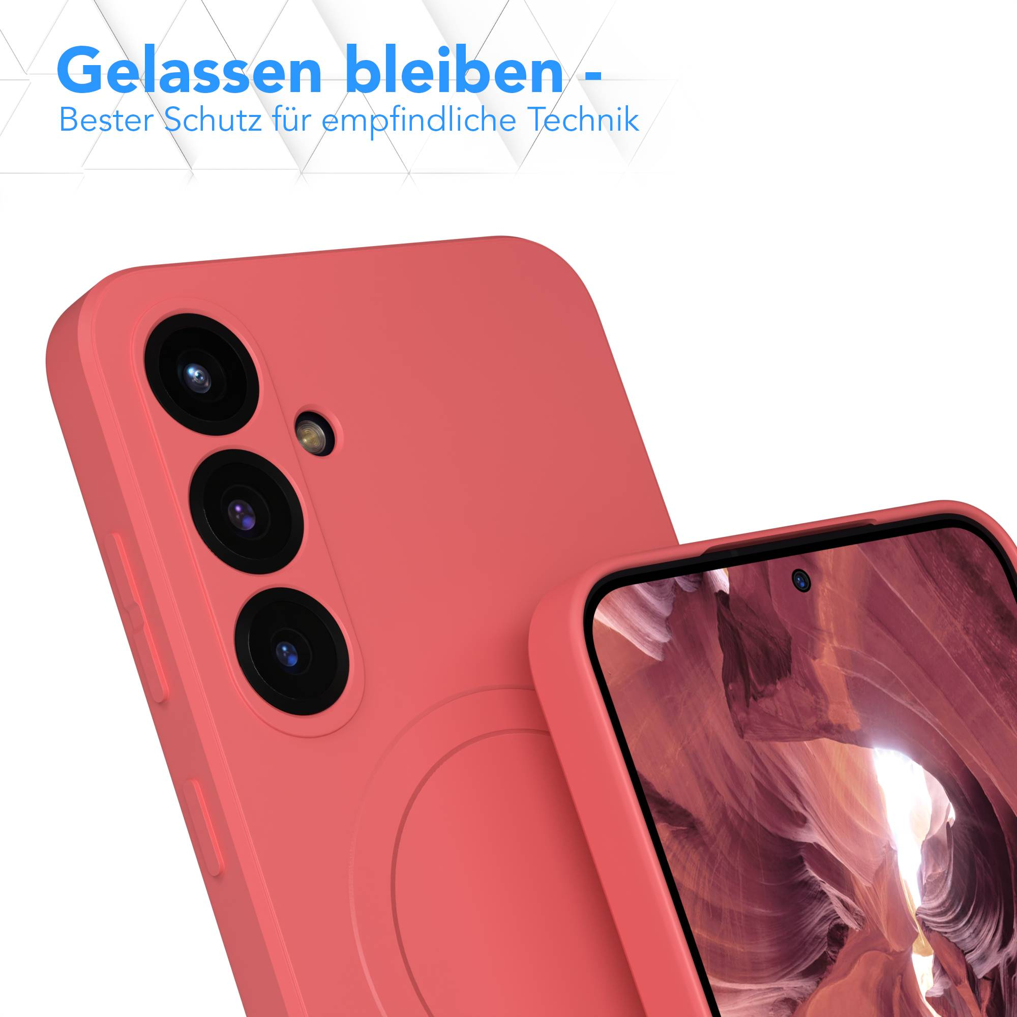 Eine korallenfarbene Handyhülle mit drei Kameralinsen. Der Bildschirm zeigt eine Canyon-Landschaft. Deutscher Text ist sichtbar.