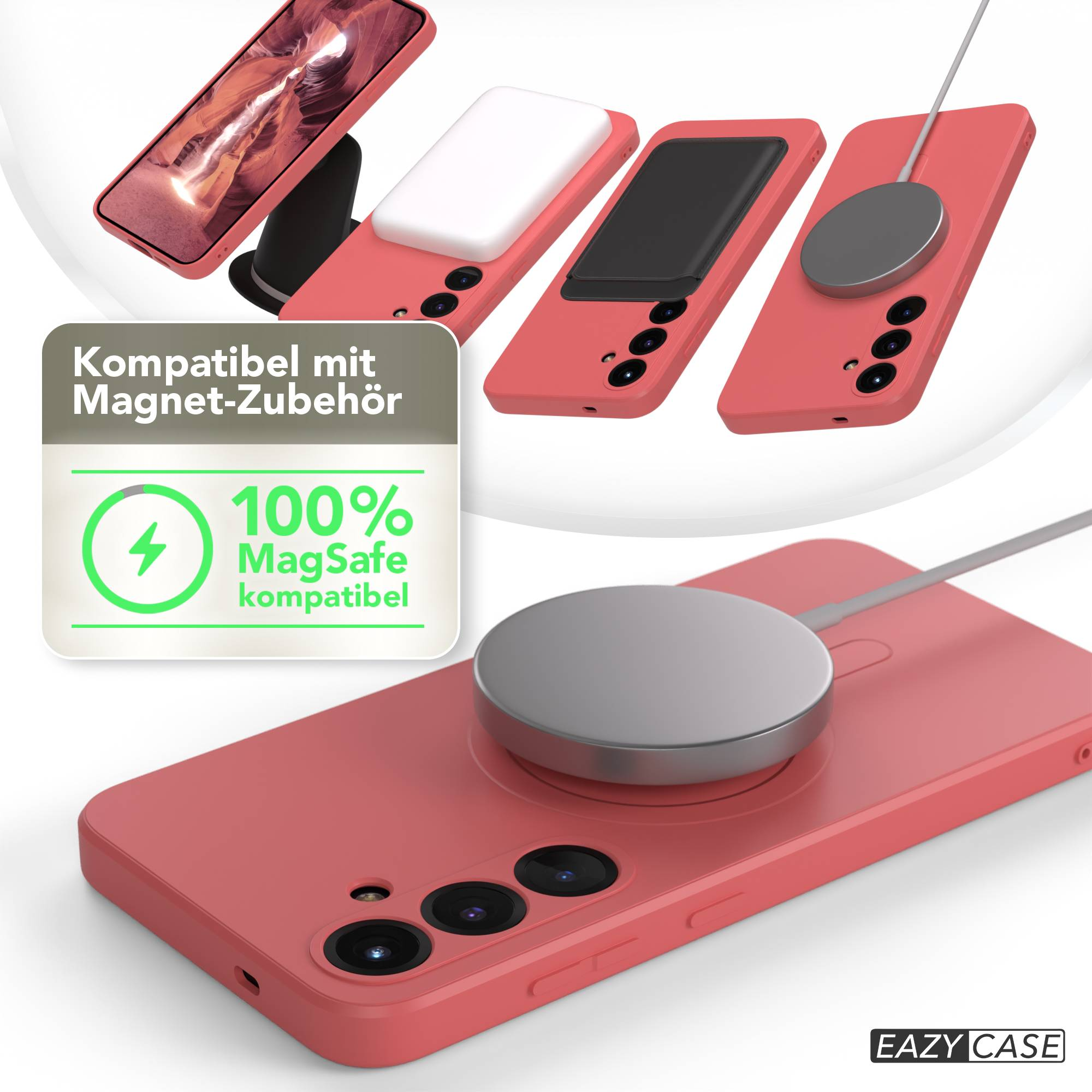 Das Bild zeigt Handyhüllen, Ladegeräte und eine MagSafe-Kompatibilitätsgrafik. Die Hüllen sind korallenfarben, mit einem Ladegerät oben drauf.