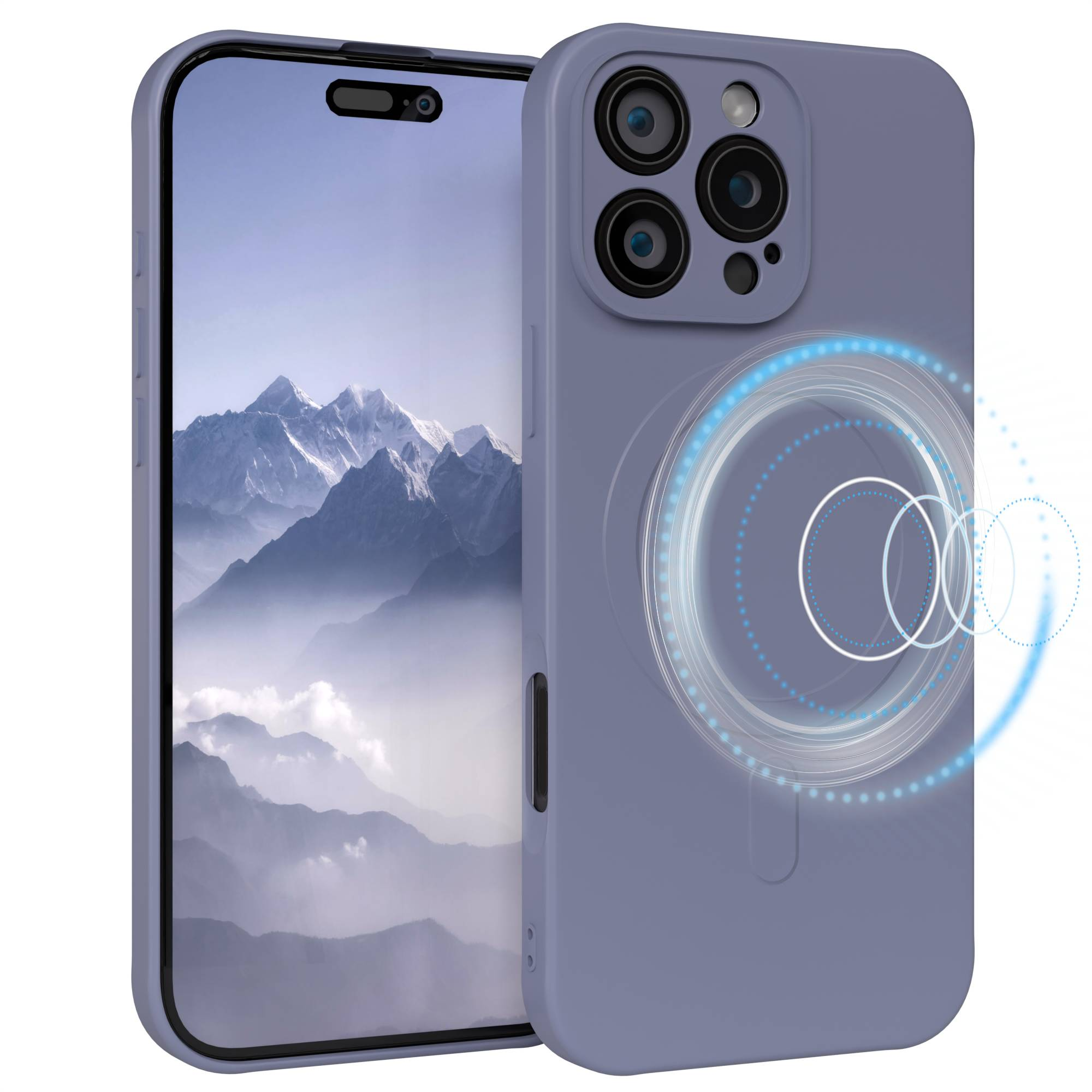 Ein Telefon mit lila Hülle auf weißem Hintergrund. Der Bildschirm zeigt eine Berglandschaft.
