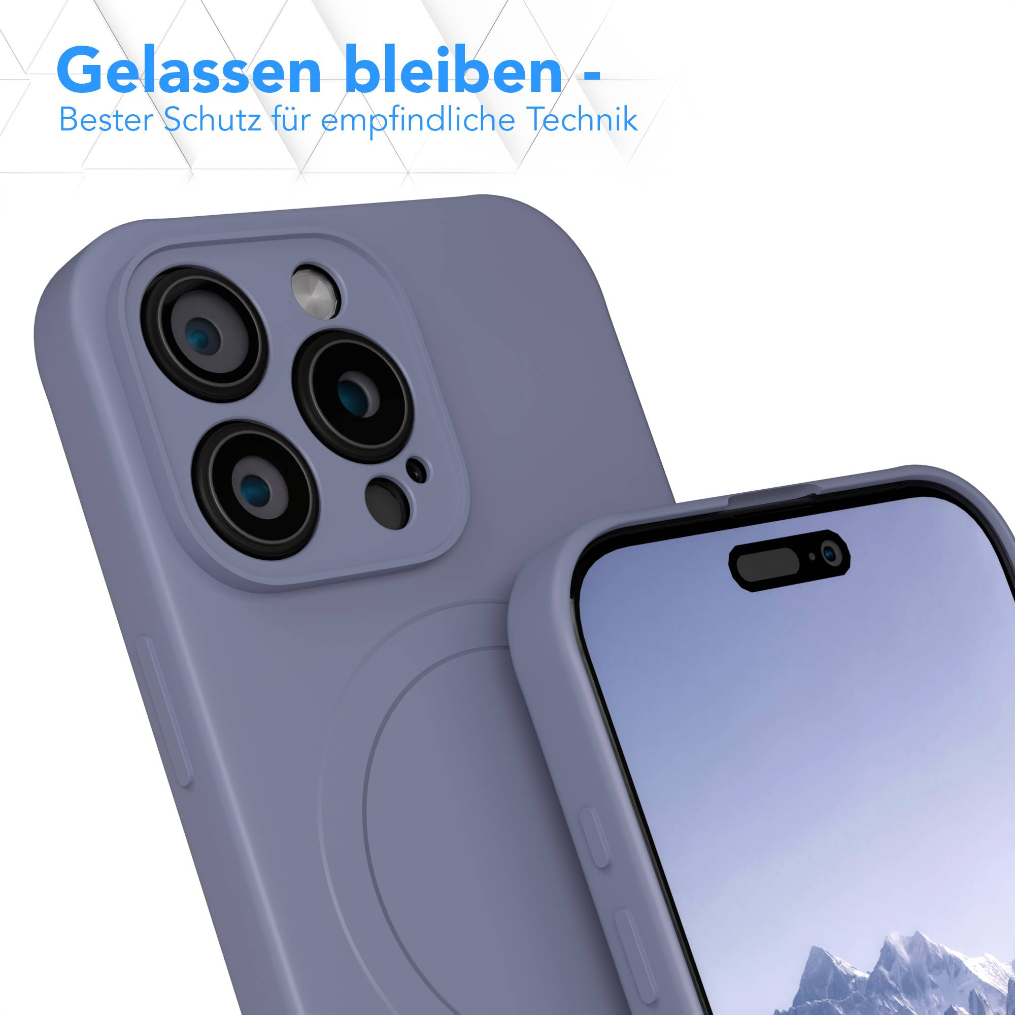 Eine lilafarbene Handyhülle mit einem Handy darin. Das Handy hat mehrere Kameras. Der Hintergrund ist ein Weiß-Blau-Verlauf.