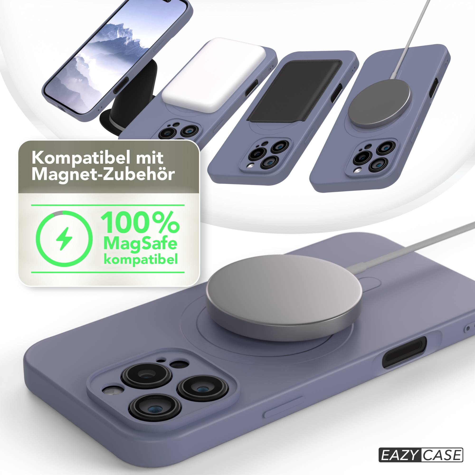 Mehrere Telefonhüllen in verschiedenen Positionen mit MagSafe-Zubehör. Eine Grafik zeigt die Kompatibilität. Der Markenname ist sichtbar.