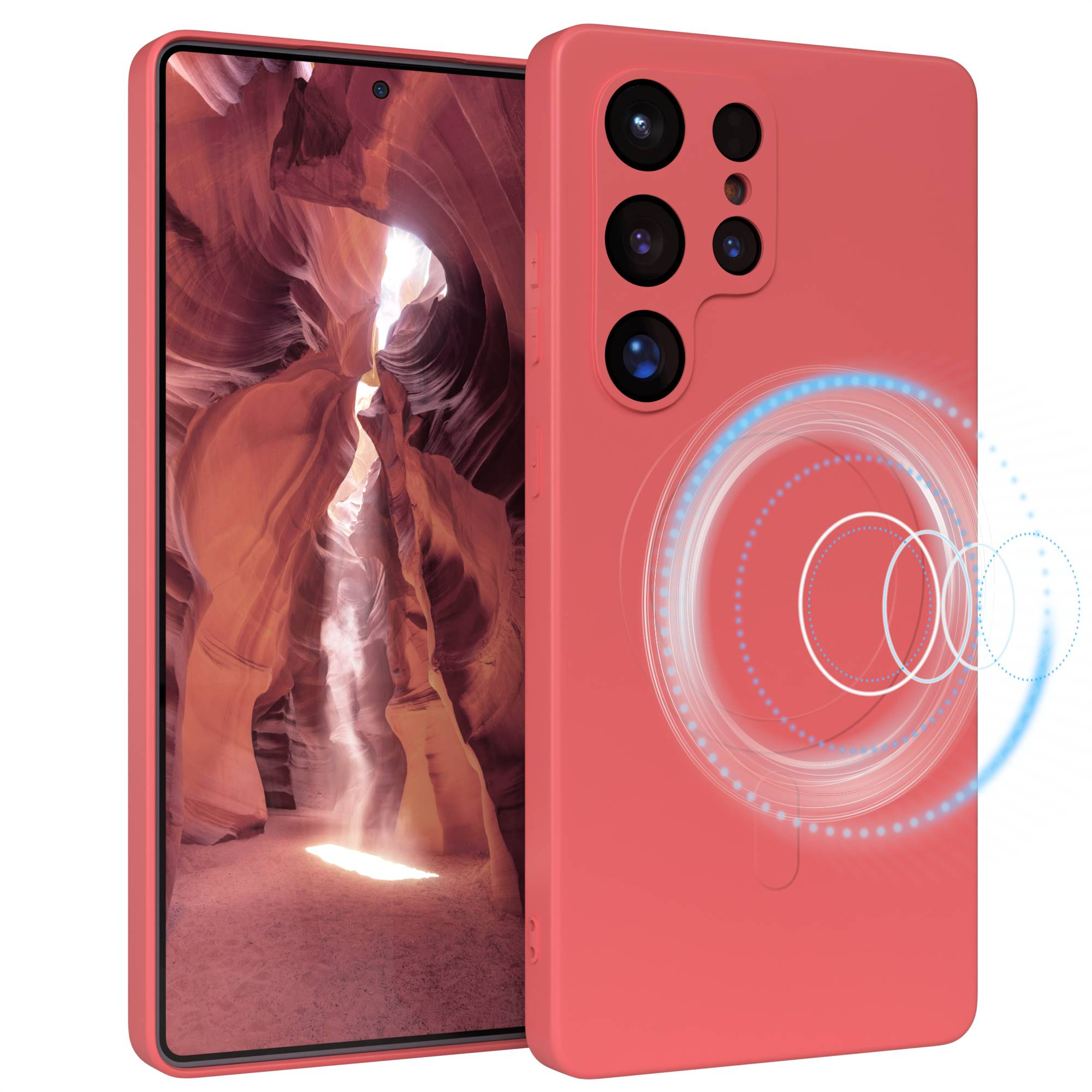 Ein pinkes Telefon in einer Hülle wird angezeigt, das ein Canyon-Bild auf dem Bildschirm zeigt. Die Hülle hat ein Ladedesign.