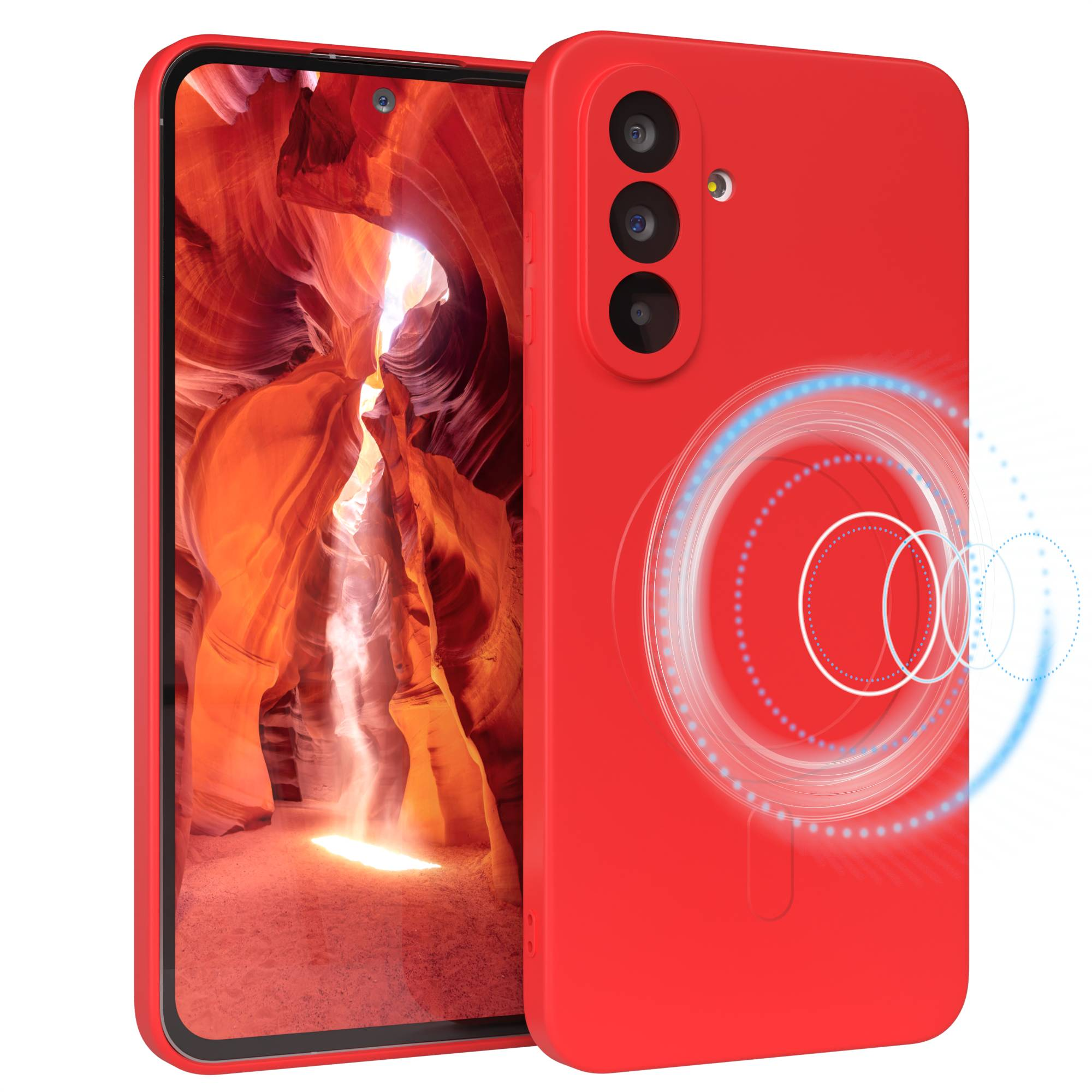 Rote Handyhülle mit einem Bildschirm, der einen orangefarbenen Canyon zeigt. Die Hülle hat drei Kameras und ein kreisförmiges Design.