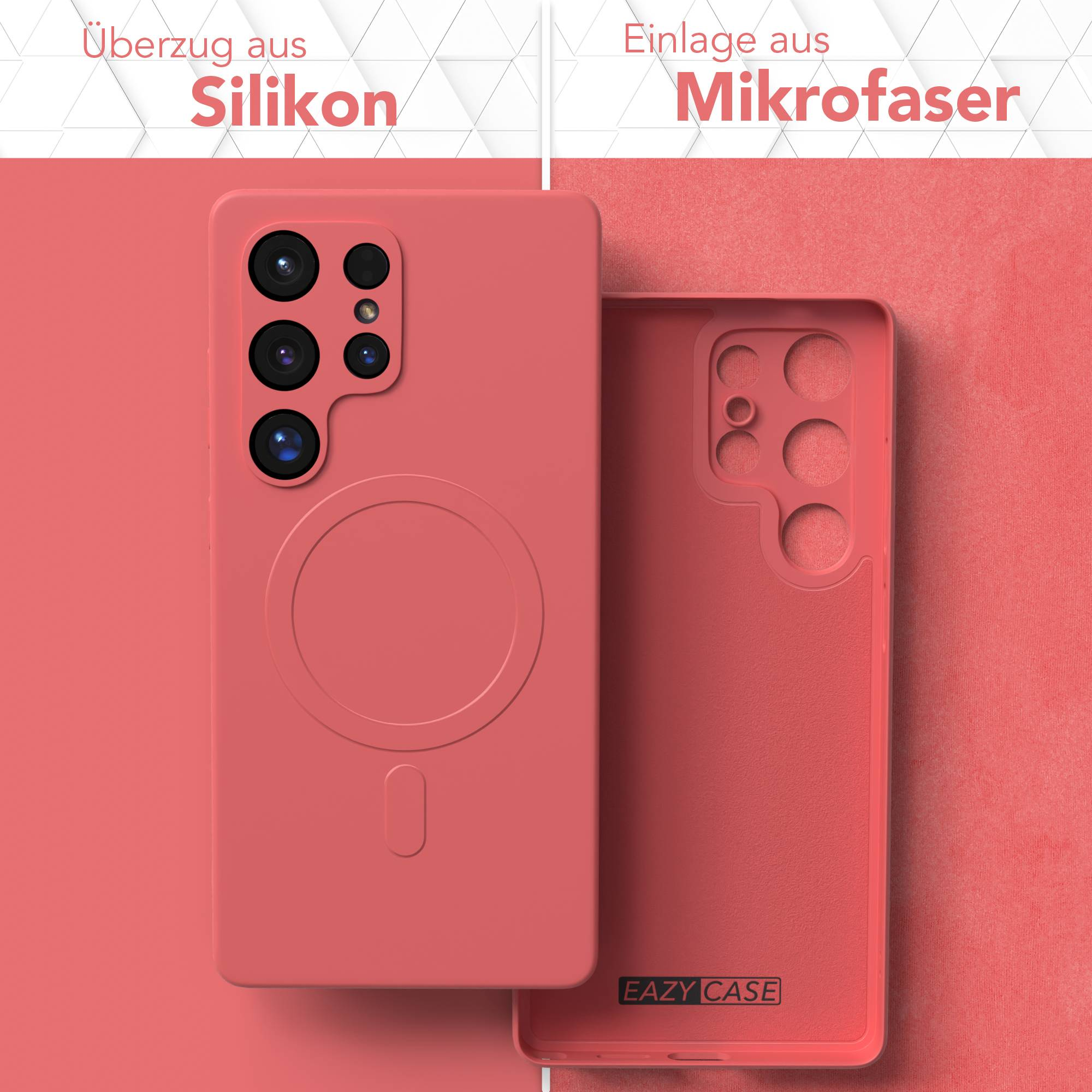 Eine rosa Handyhülle mit Silikon außen und Mikrofaser innen wird gezeigt. Sie zeigt die Rückseite mit Kameraausschnitten und einem Ladekreis.