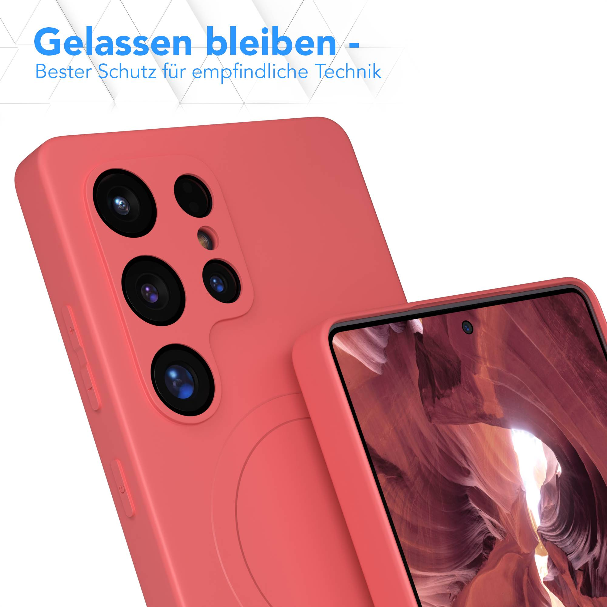Korallenfarbene Handyhülle mit mehreren Kameraausschnitten. Ein Telefonbildschirm zeigt ein abstraktes Bild. Der Hintergrund zeigt Text in Blau.
