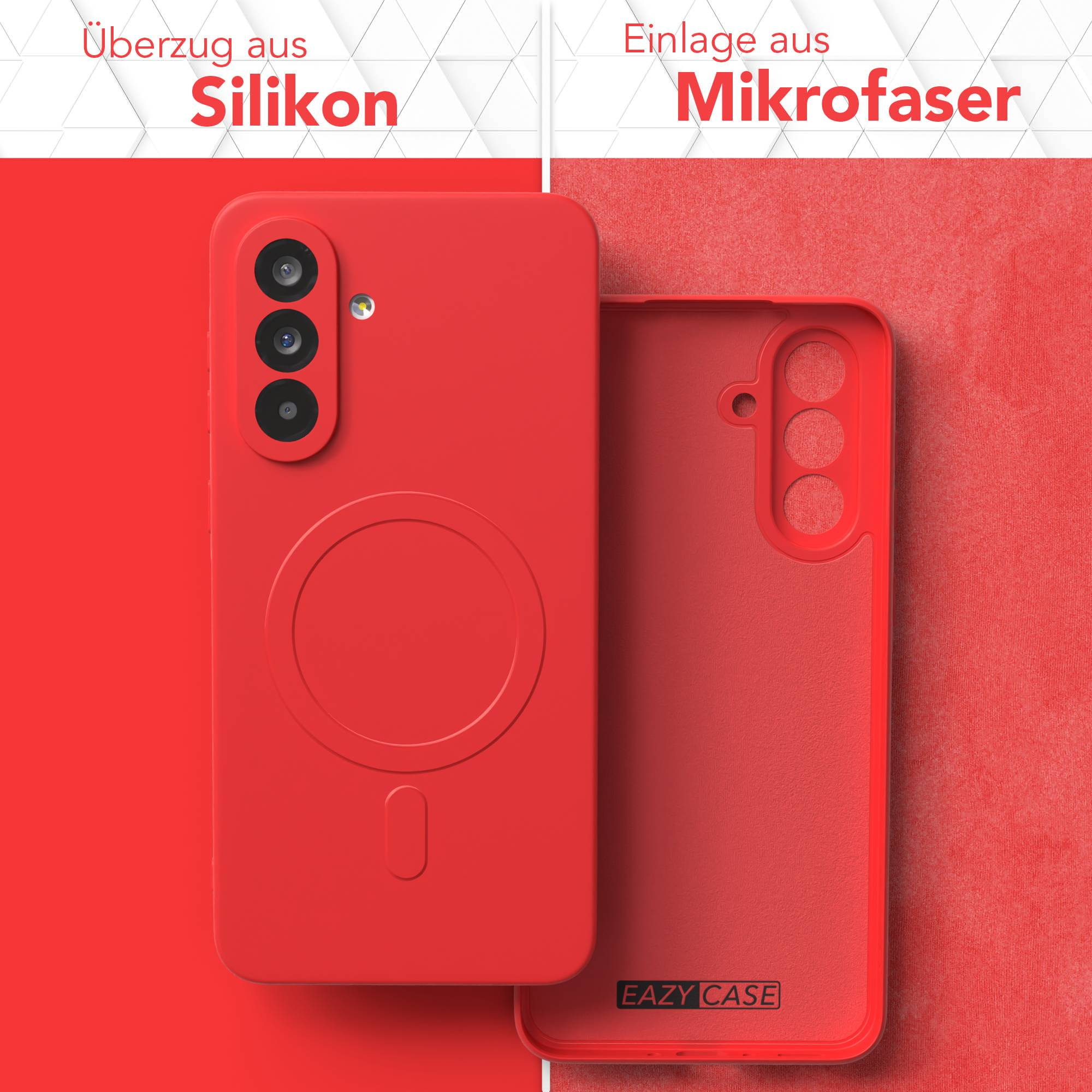 Rote Handyhülle mit Silikonhülle und Mikrofaser-Innenfutter. Text sagt 'Silikon' und 'Mikrofaser'. Eazy Case-Logo sichtbar.