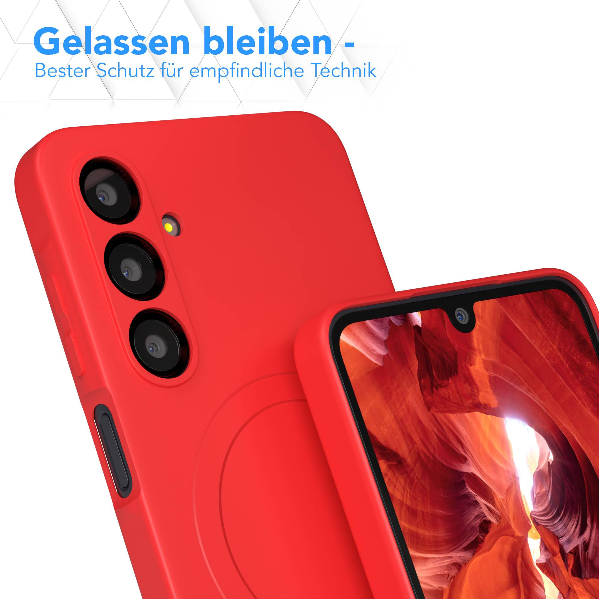 Rote Handyhülle mit drei Kameralinsen. Ein zweites Telefon zeigt ein rotes Felsenschluchtenbild. Text: Gelassen bleiben - Bester Schutz.