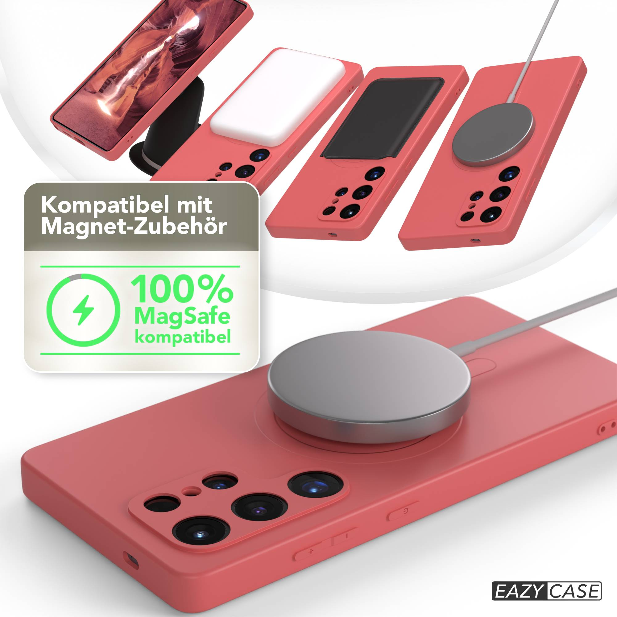 Rosa Handyhüllen mit MagSafe-Zubehör, einschließlich Ladegeräten und einem Ständer. Das Bild zeigt auch ein Kompatibilitätslogo.