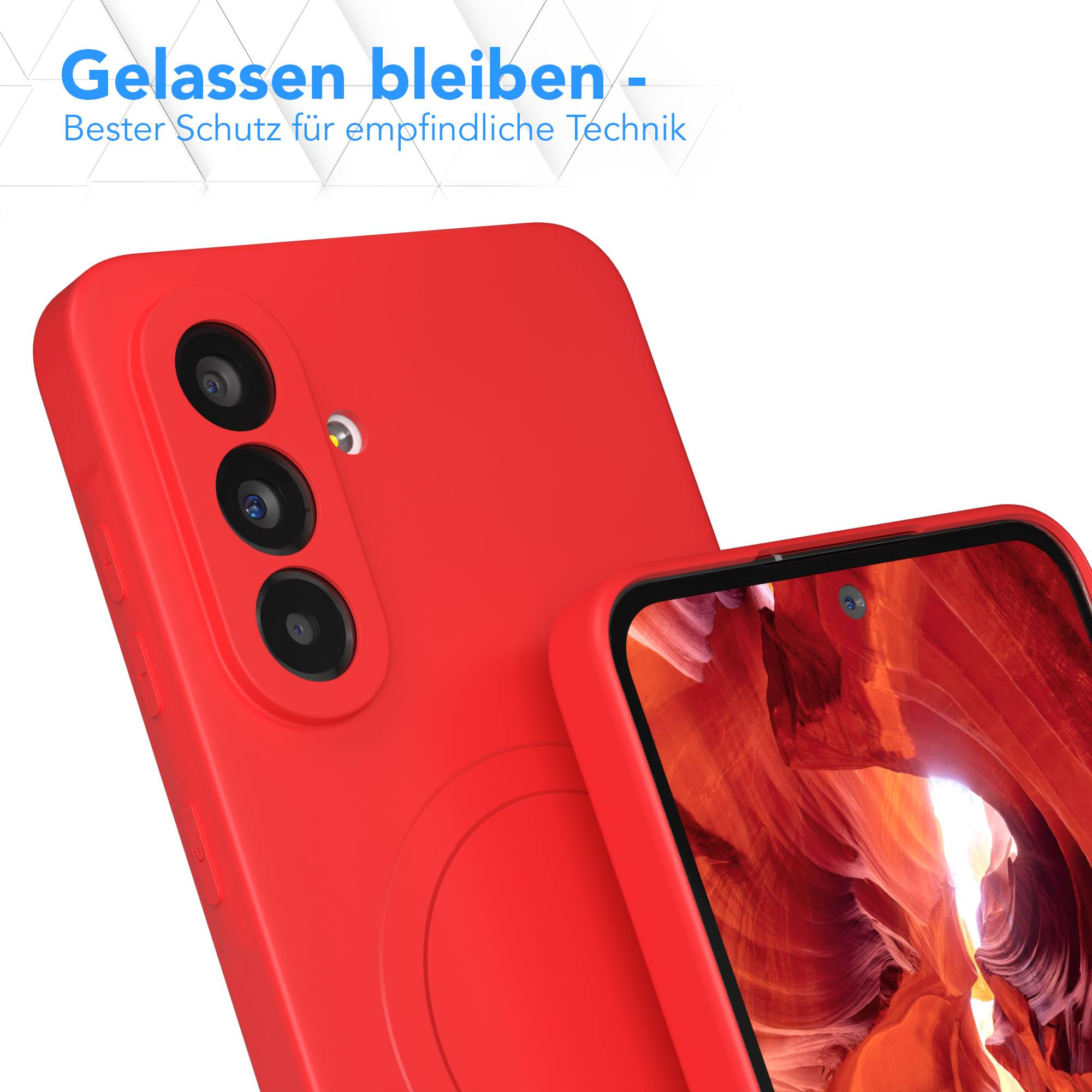 Rote Handyhülle mit Kameraausschnitten, auf einer anderen Hülle mit einem orangefarbenen Canyon-Bild gestapelt. Der Text oben lautet 'Gelassen bleiben'.
