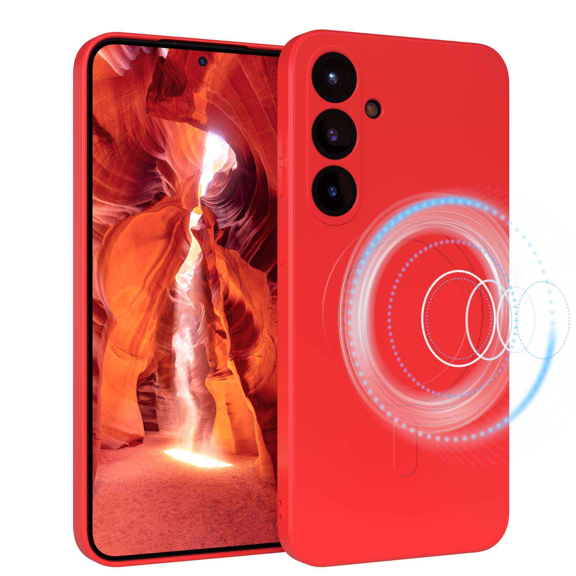 Rote Telefonhülle mit Canyon-Bild auf dem Bildschirm. Die Hülle hat drei Kameras und einen blauen Schein.