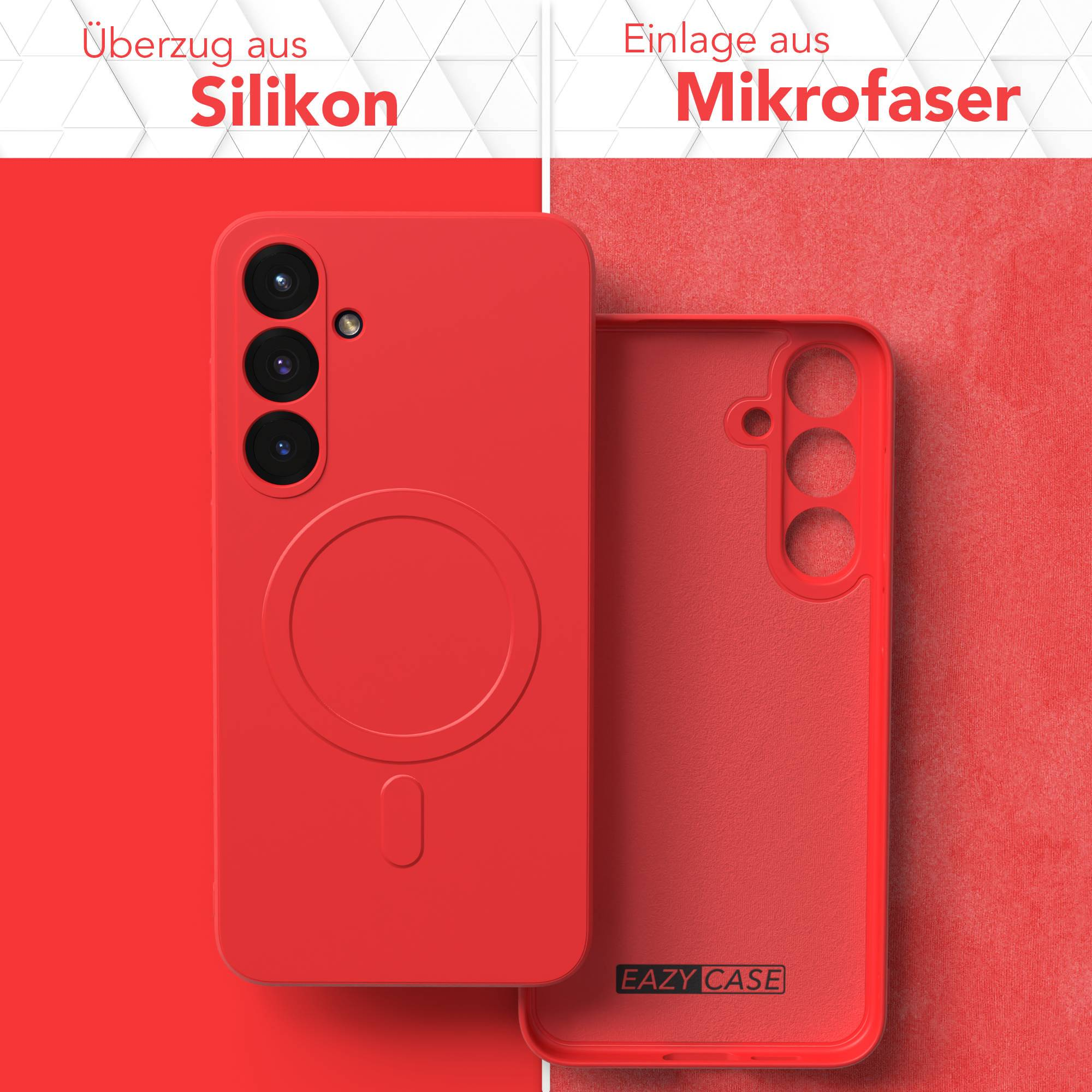 Rote Handyhülle mit Silikon außen und Mikrofaser innen. Die Hülle ist offen und zeigt das Telefon und seine Rückseite.