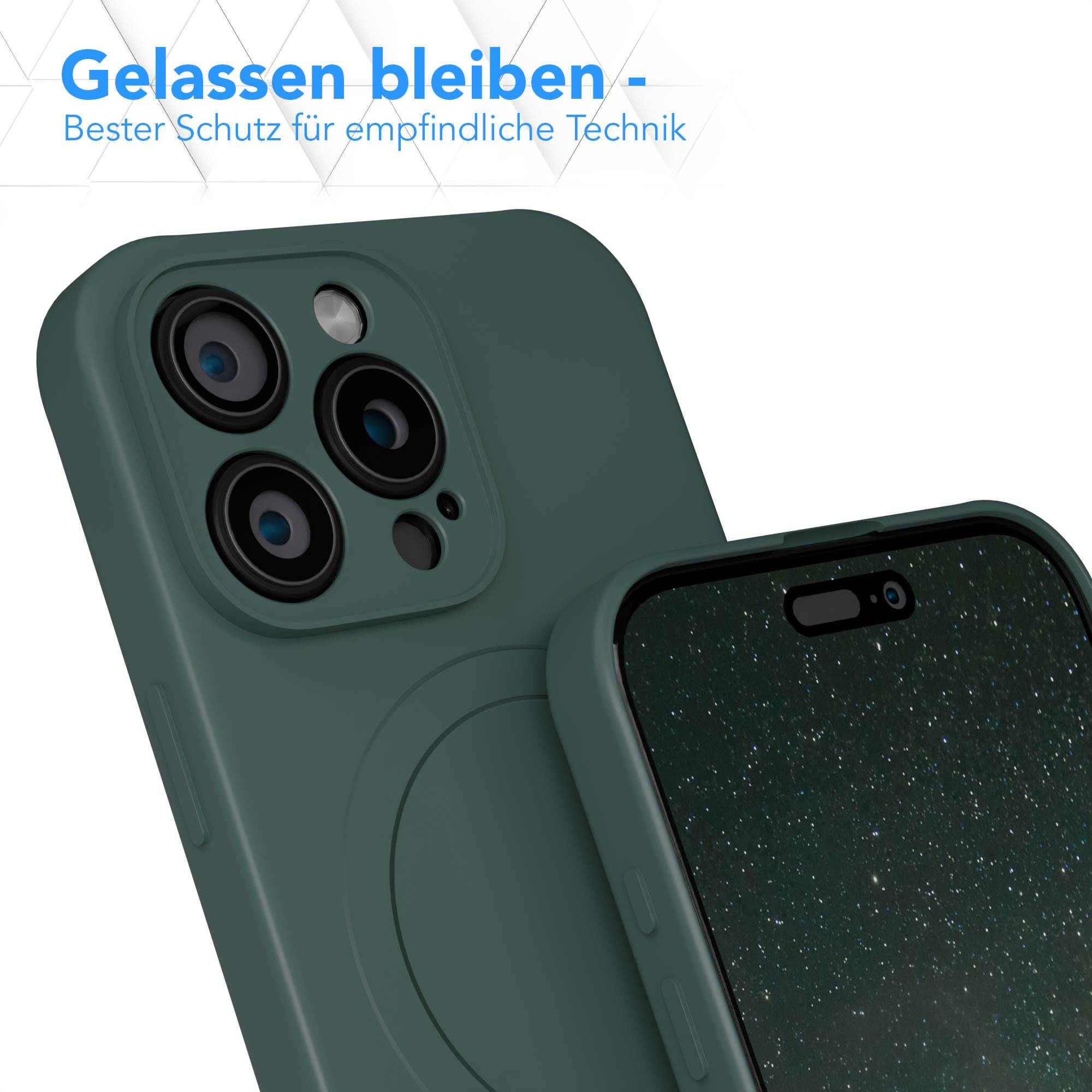 Nahaufnahme einer dunkelgrünen Handyhülle mit drei Kameralinsen. Der Bildschirm zeigt eine Sternennacht.