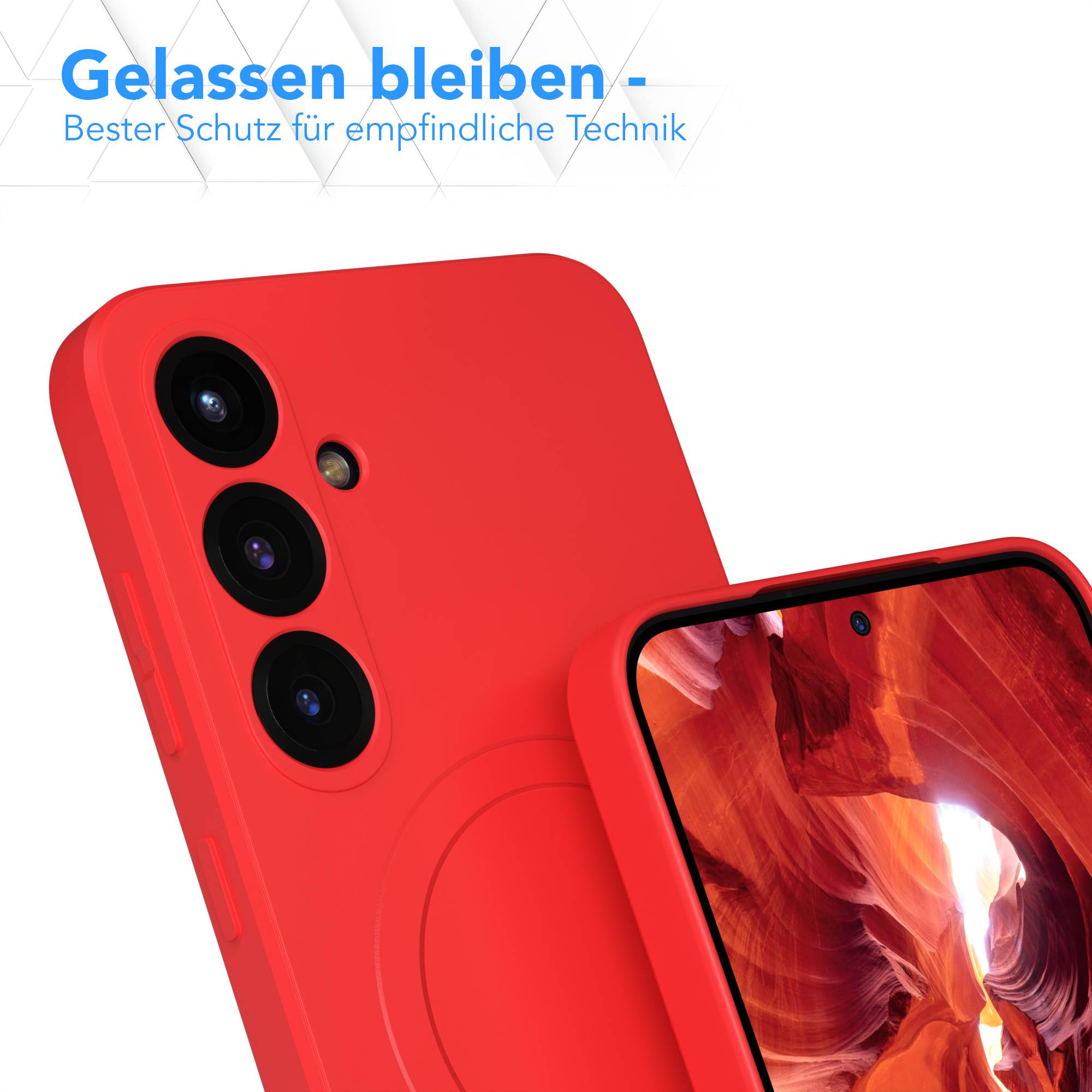 Das Bild zeigt eine rote Handyhülle mit Kameralinsen. Der Bildschirm des Telefons zeigt eine Canyon-Ansicht. Text: 'Gelassen bleiben'.