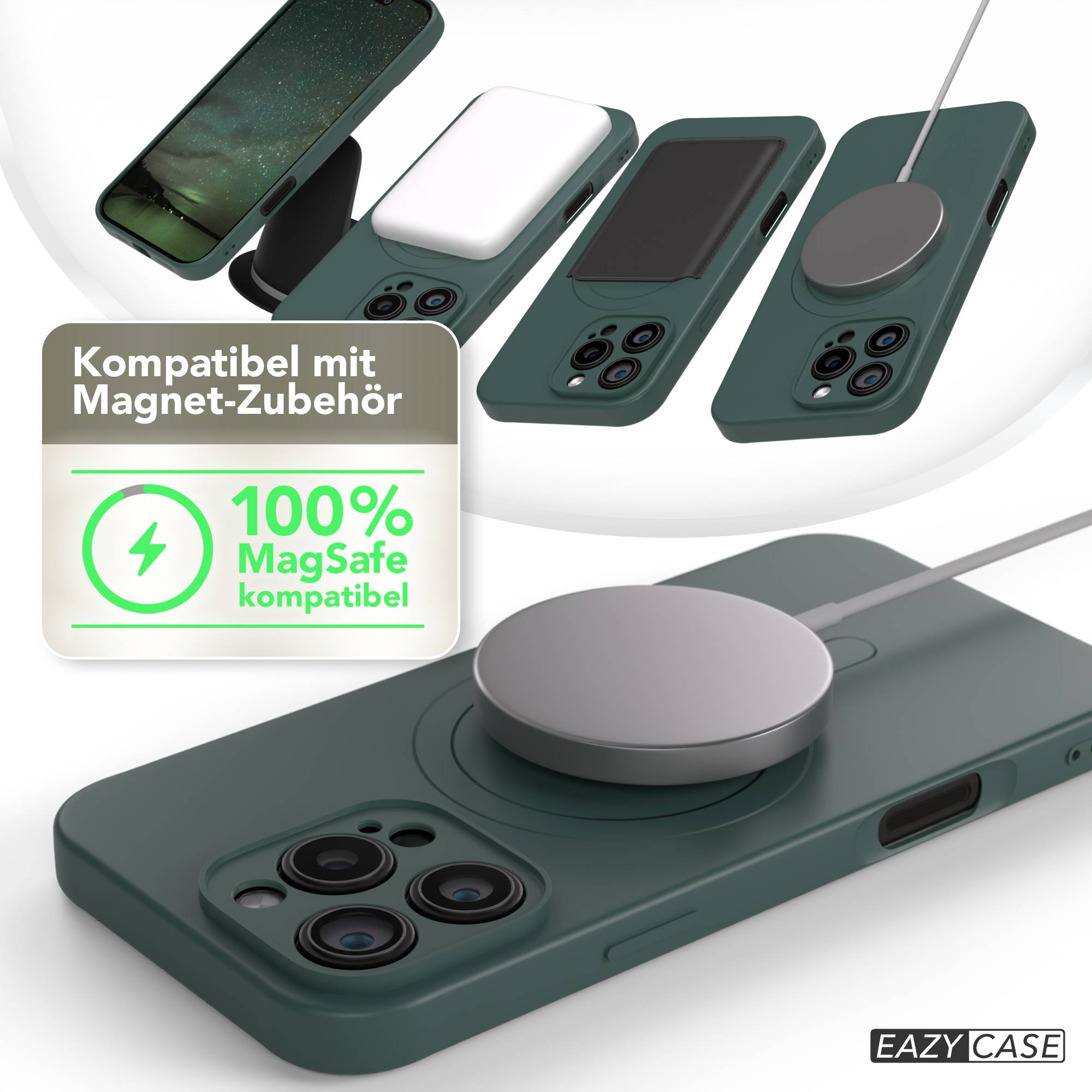 Grüne Handyhüllen mit MagSafe-Zubehör. Verschiedene Winkel zeigen die Kompatibilität. Mit Logo: "100% MagSafe kompatibel".