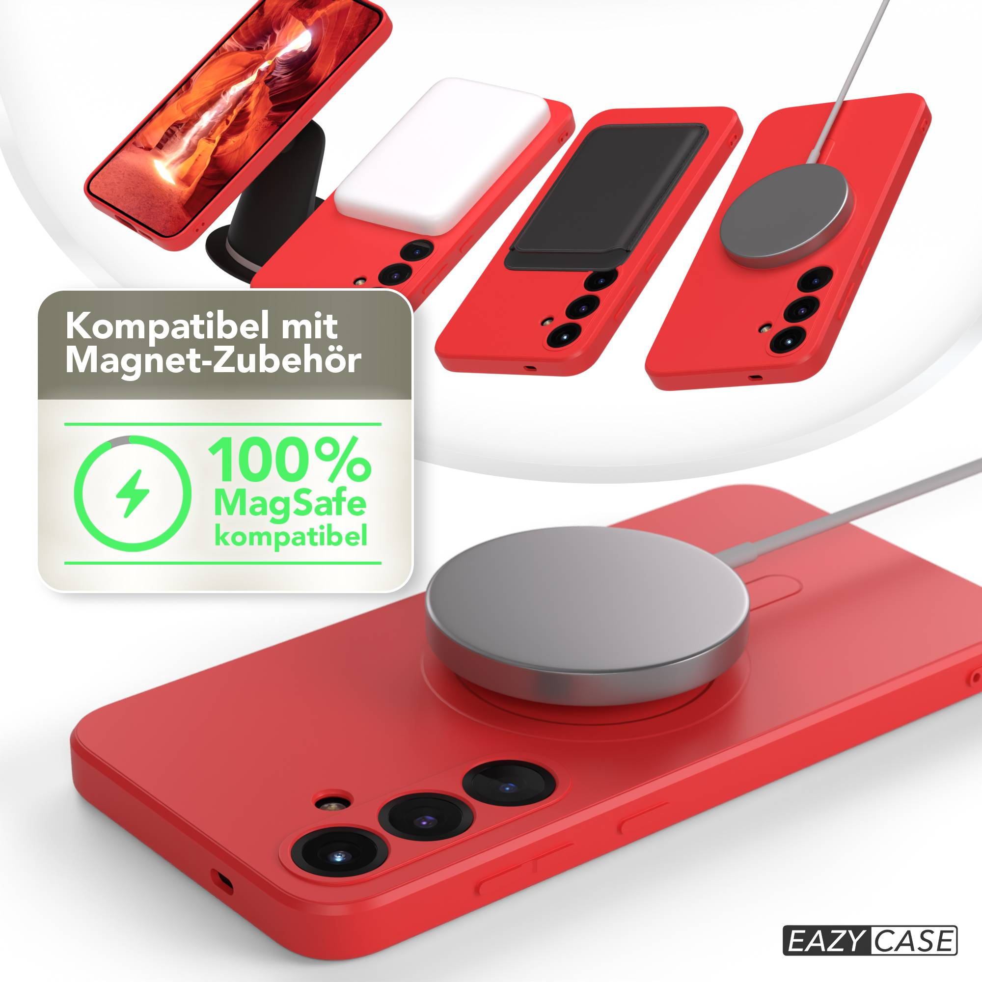Rote Handyhüllen mit MagSafe-Ladegeräten und Zubehör. Ein Schild sagt 100% MagSafe-kompatibel.