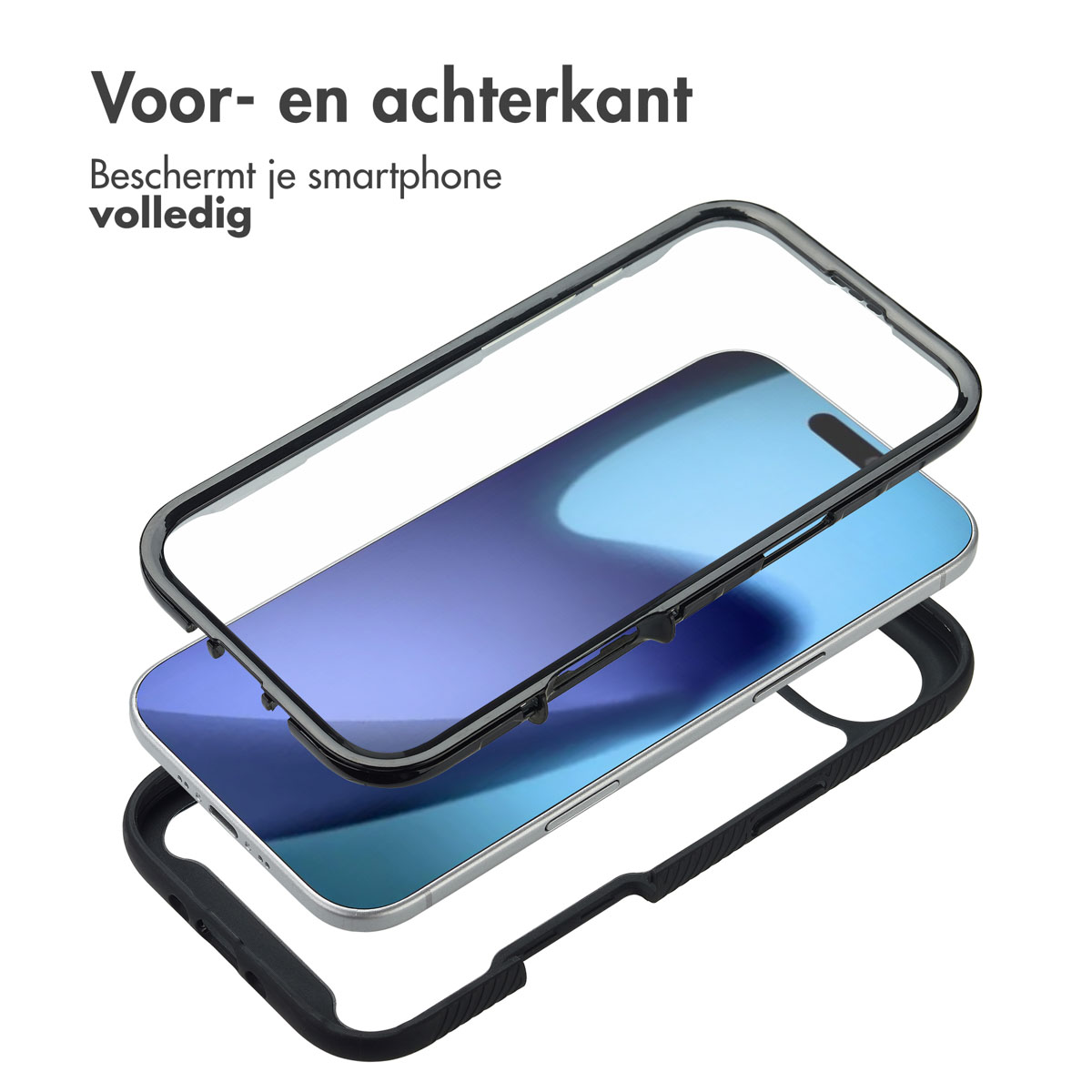 Diagramma di uno smartphone con strati protettivi. Un proteggi schermo in vetro, il telefono e una custodia nera sono mostrati.