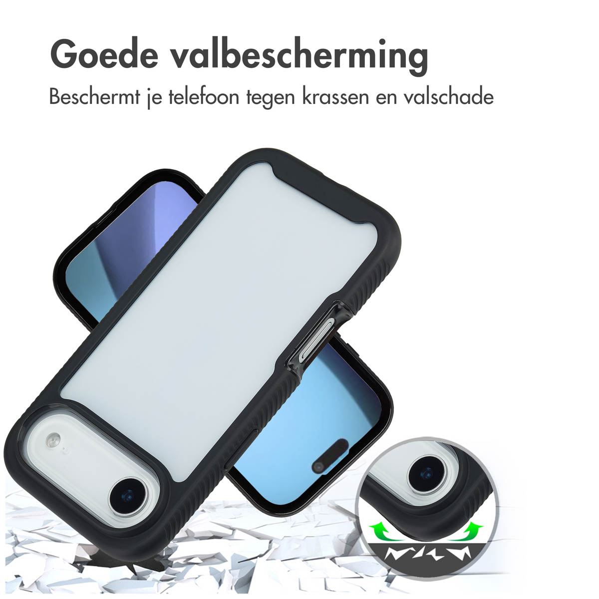 Una custodia nera per telefono con interno bianco protegge il telefono da graffi e danni. Un piccolo diagramma circolare illustra la protezione dagli impatti.
