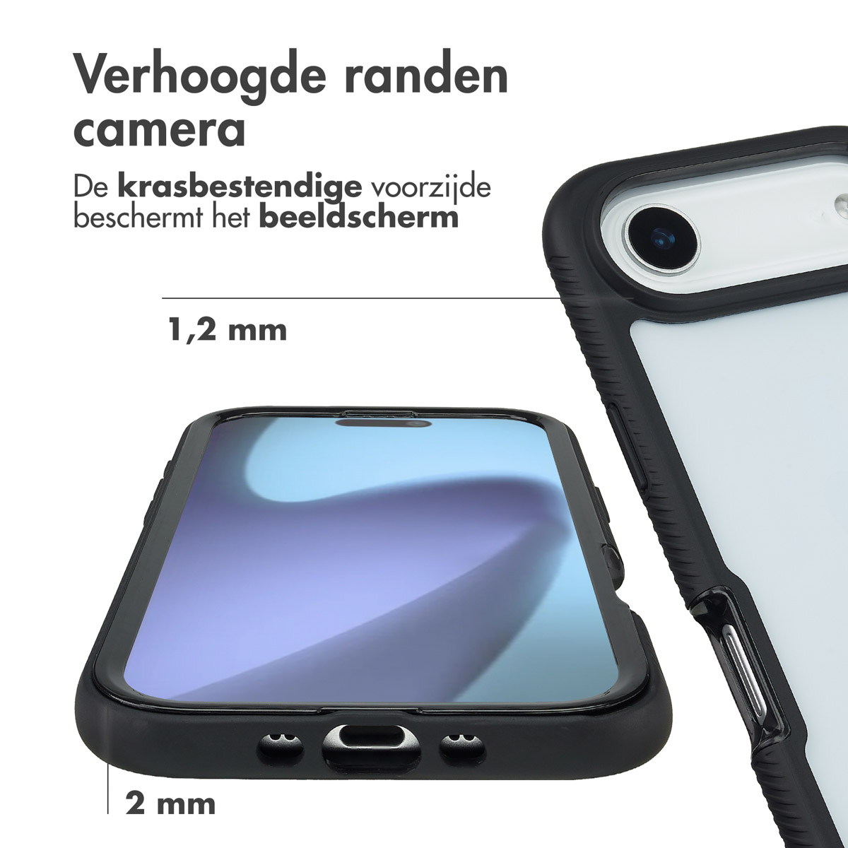 L'immagine mostra una custodia per telefono con bordi rialzati che proteggono lo schermo e la fotocamera. Sono indicate le misure. Testo in olandese.