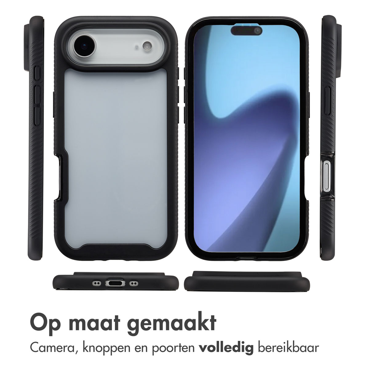 L'immagine mostra più viste di una custodia per telefono, cornice nera, con un telefono all'interno. Lo sfondo è bianco.