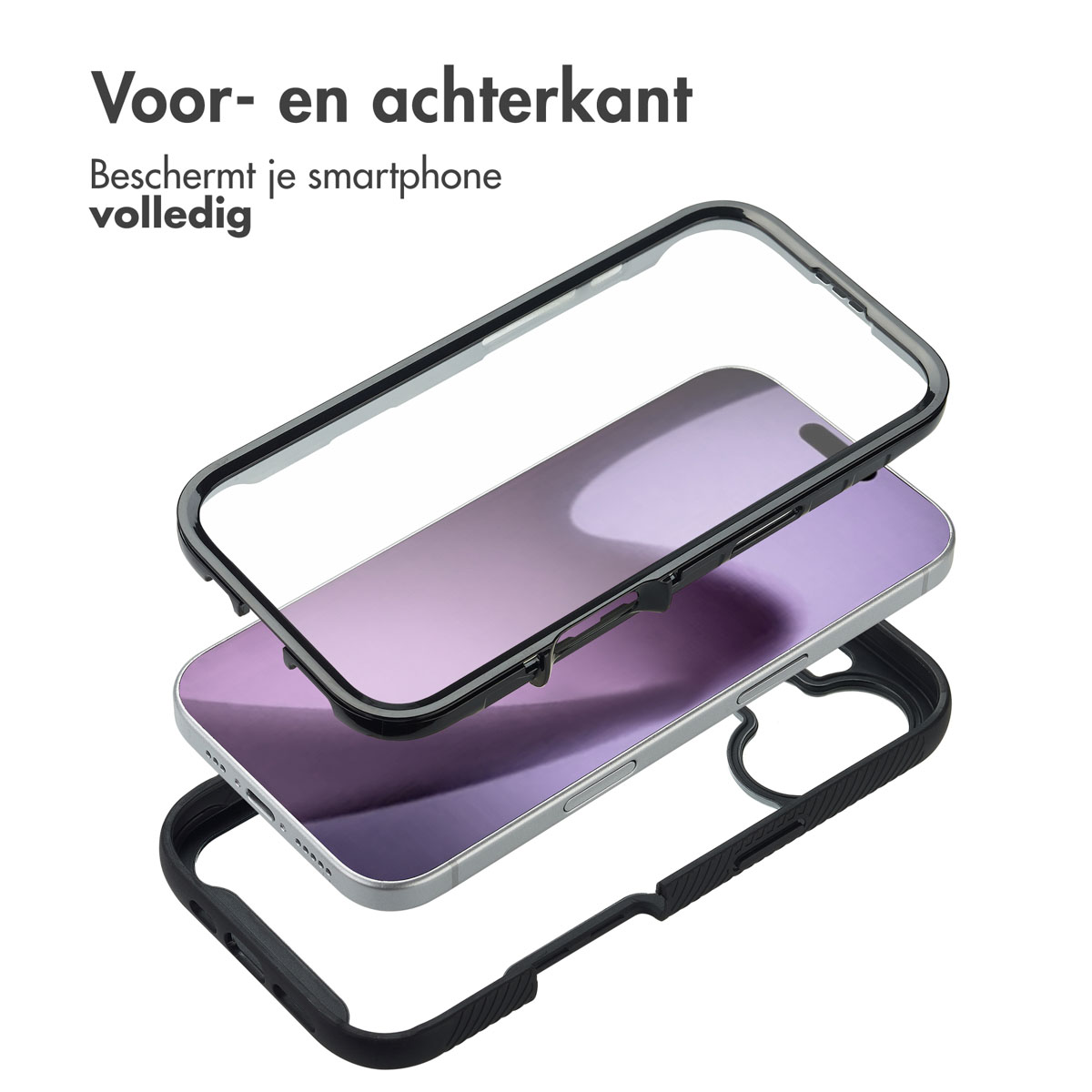 Composants de l'étui pour smartphone : cadre avant transparent, téléphone violet et cadre arrière noir, superposés. Texte : Voor- en achterkant. Beschermt je smartphone volledig.