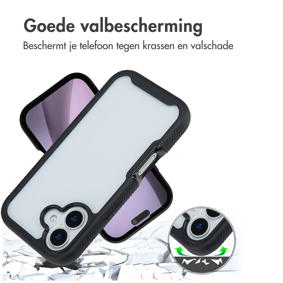 Une coque de téléphone au design blanc et noir. La coque est montrée sur une autre coque. Le fond est blanc avec du texte.