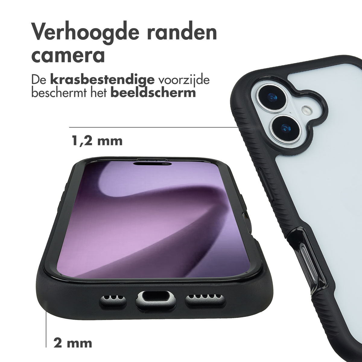 Une coque de téléphone avec des bords surélevés. La coque est noire, protégeant l'écran et l'appareil photo. Le texte montre les dimensions et les caractéristiques.