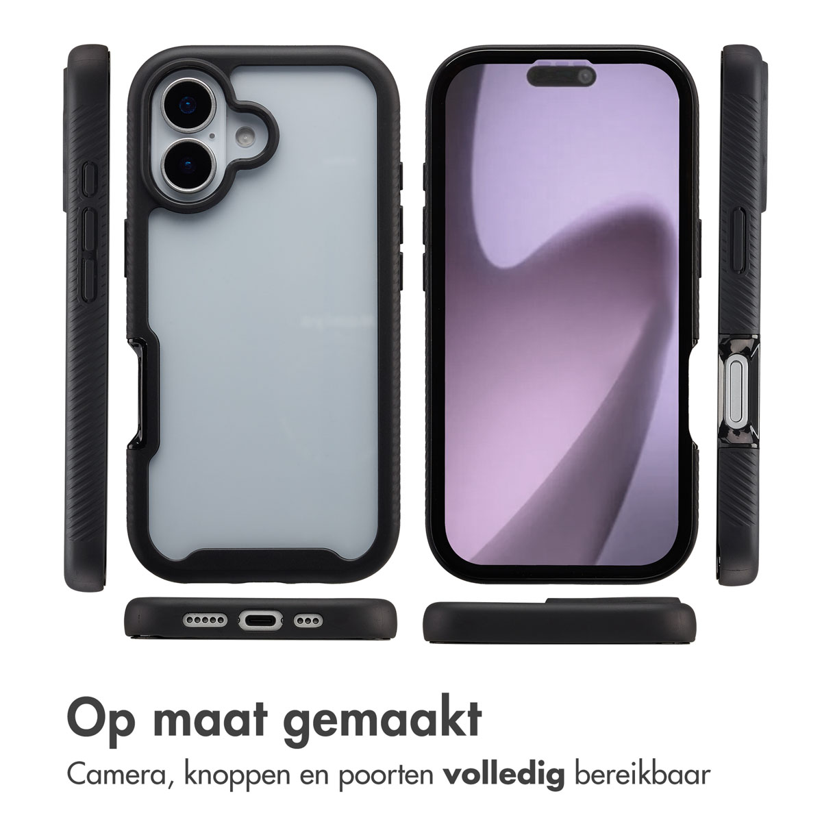 Ensemble d'étuis de téléphone noirs. Montre les vues avant, arrière et latérales. Texte en bas : 'Fabriqué sur mesure' et 'Appareil photo, boutons et ports entièrement accessibles'.