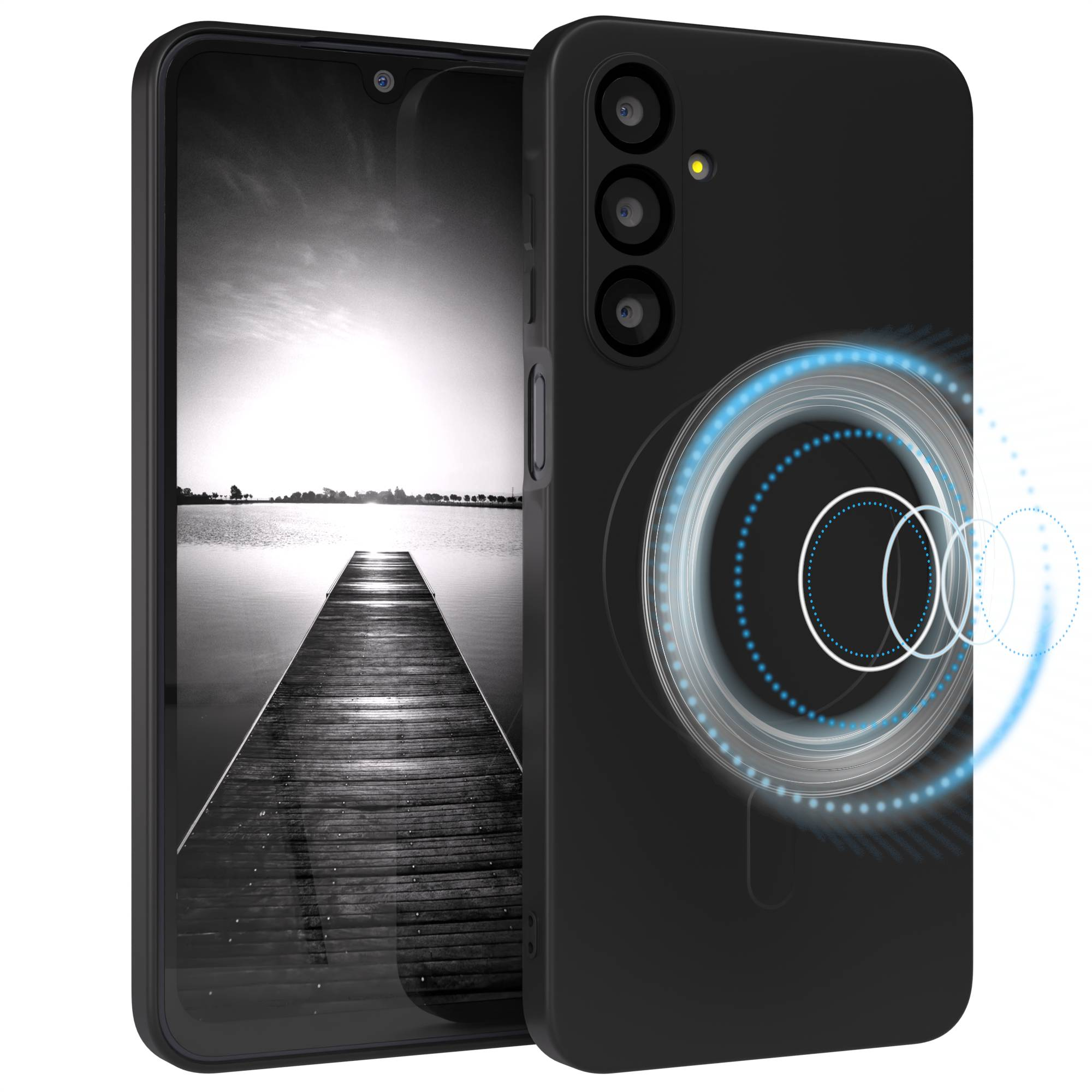 Schwarze Handyhülle mit einem Telefon darin, das einen Steg über dem Wasser zeigt. Die Hülle hat ein blau leuchtendes Kreisdesign.