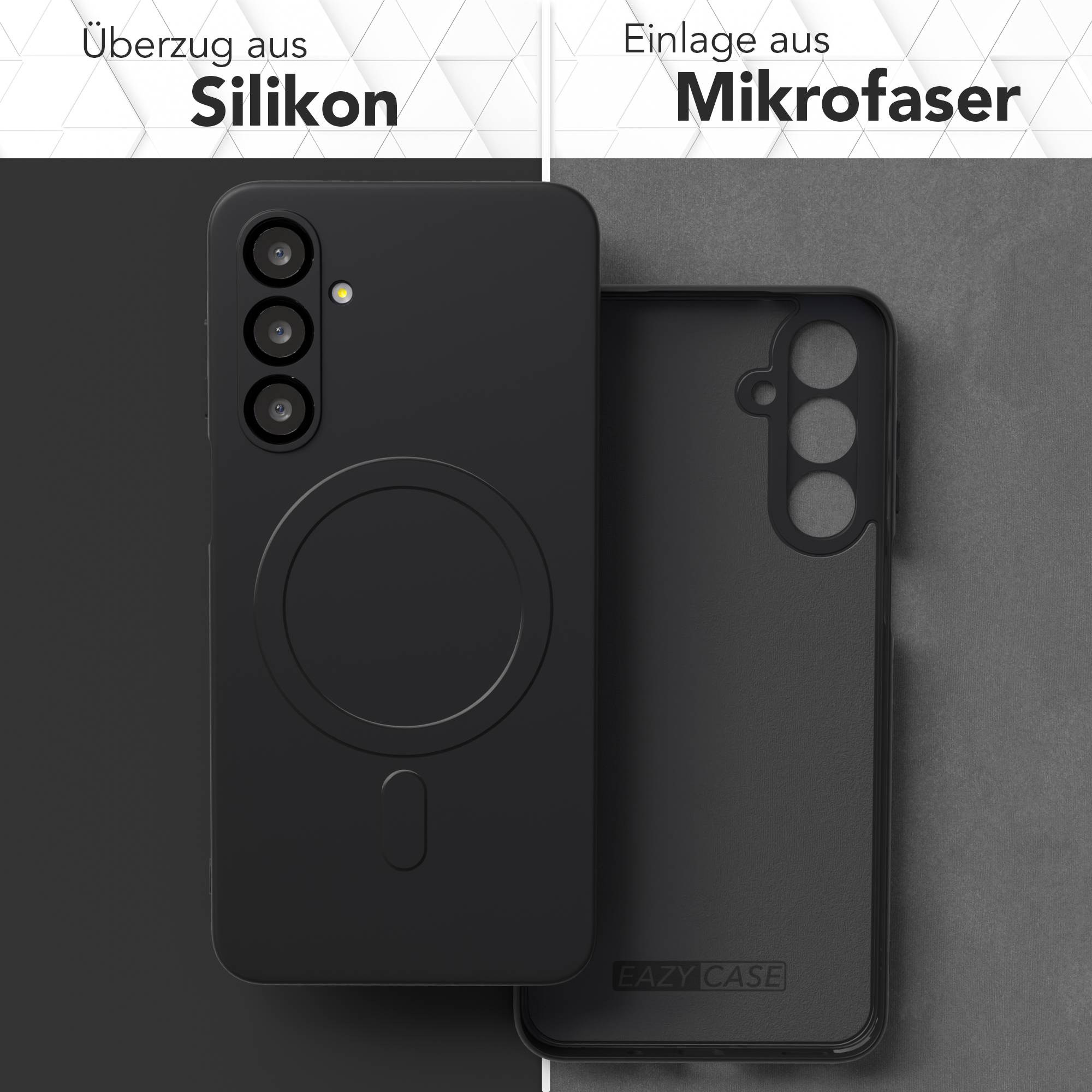 Schwarze Handyhülle mit Silikonhülle, neben einer Mikrofaser-Innenseite. Das Design hat einen Kameraausschnitt und einen Magnetring.