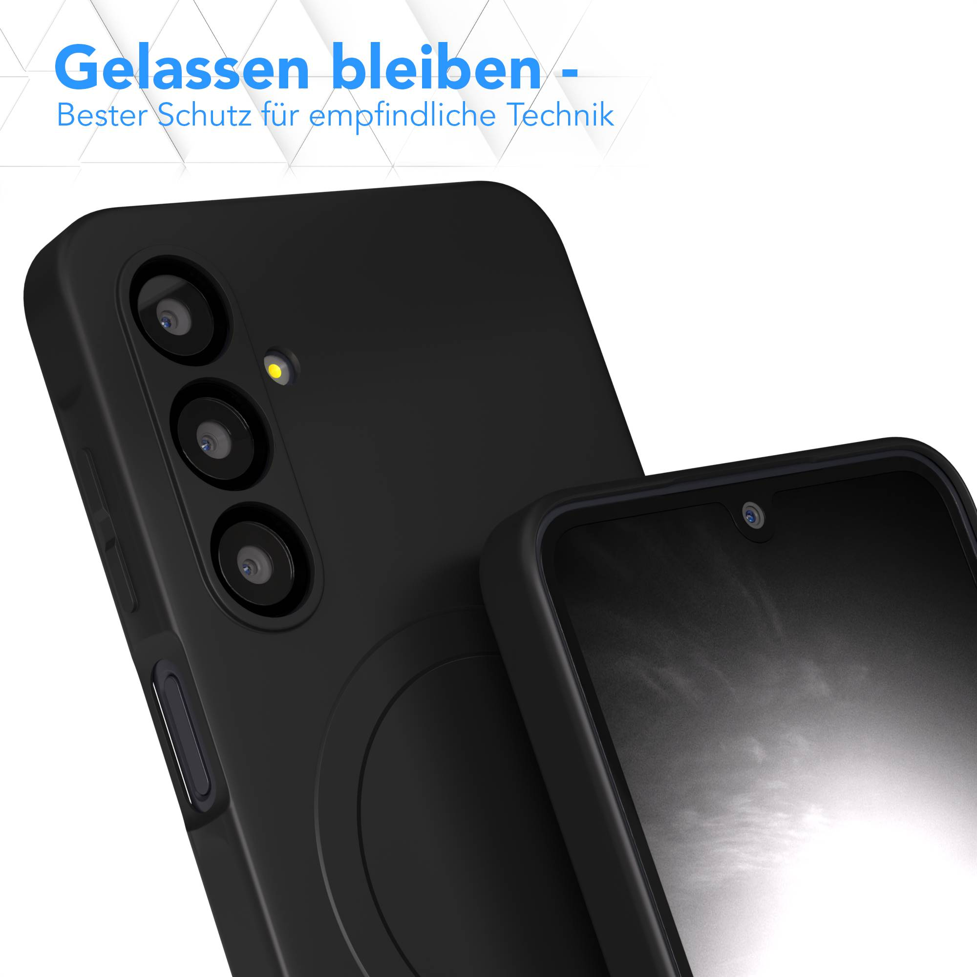 Ein schwarzes Telefon mit Hülle wird angezeigt. Die Kameraanordnung ist sichtbar, und der Bildschirm ist leicht sichtbar. Text steht oben.