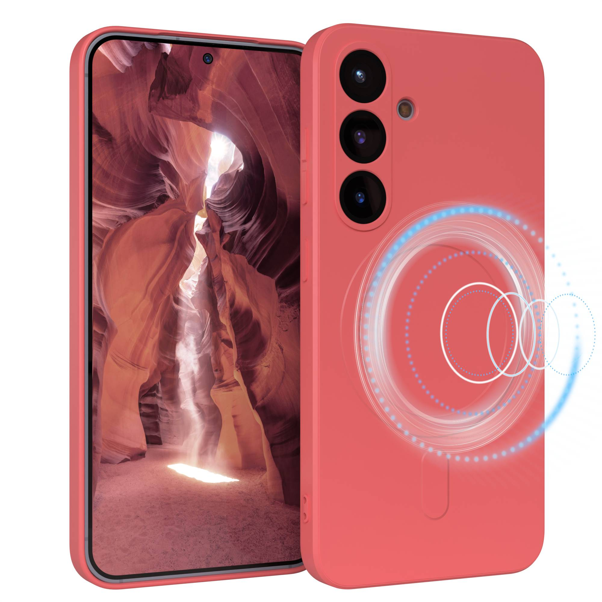 Eine pinkfarbene Handyhülle mit einem Telefon, das einen orangefarbenen Canyon anzeigt. Die Hülle hat eine Dreifachkamera und ein blau leuchtendes Design.