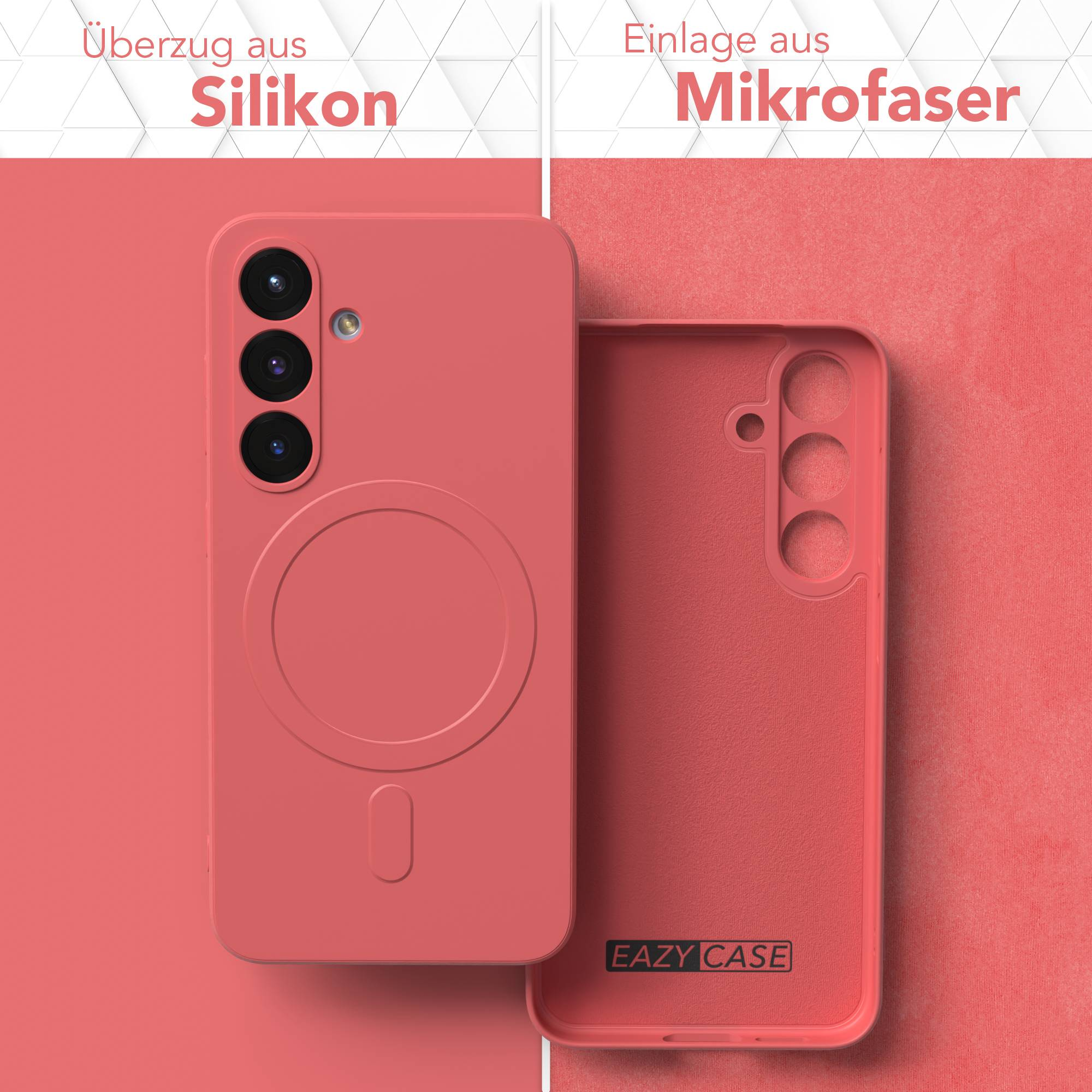 Gezeigte korallenfarbene Handyhülle, Außen- und Innenseite. Außen drei Kameraöffnungen und ein kreisförmiger Ladebereich.