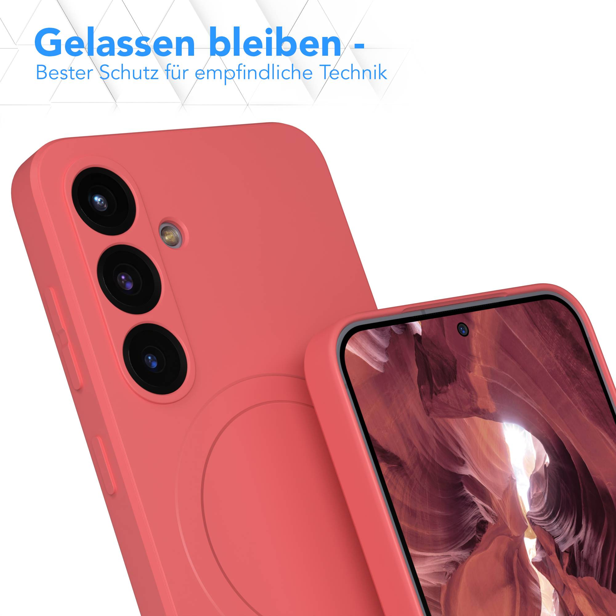 Ein korallenfarbenes Telefoncase mit Display und Kameralinsen wird gezeigt. Der Text im Hintergrund lautet: 'Gelassen bleiben - Bester Schutz'.