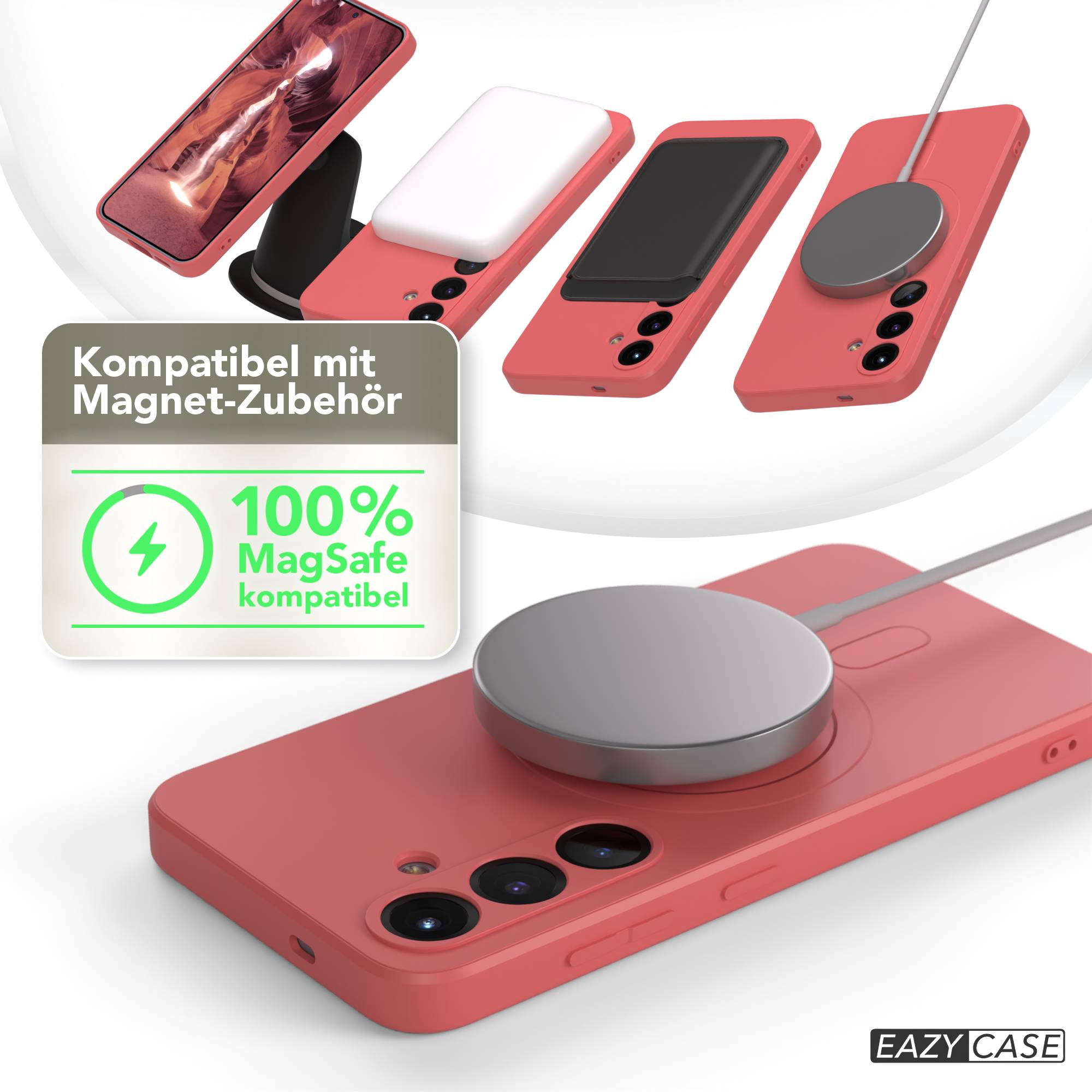 Produktaufnahme mit verschiedenen Handyhüllen, MagSafe-Zubehör und einem Kompatibilitätsabzeichen. Hüllen sind korallenfarben mit Zubehör.