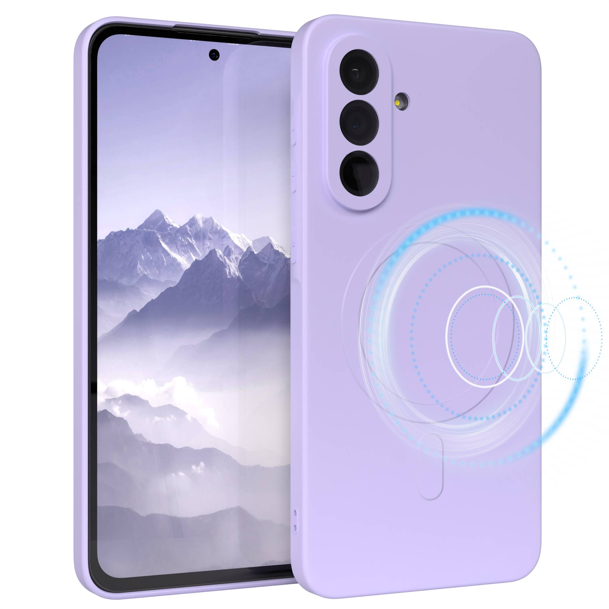 Eine lavendelfarbene Handyhülle mit einem Telefon im Inneren, das ein Bergpanorama zeigt. Blaues Kreisdesign auf der Rückseite.