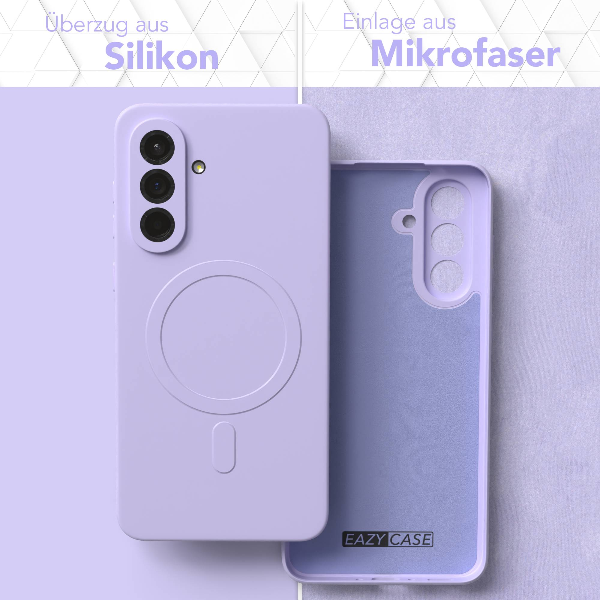 Lavendelfarbene Handyhülle mit Mikrofaserfutter und Silikonaußenseite, mit der Marke EAZY CASE.