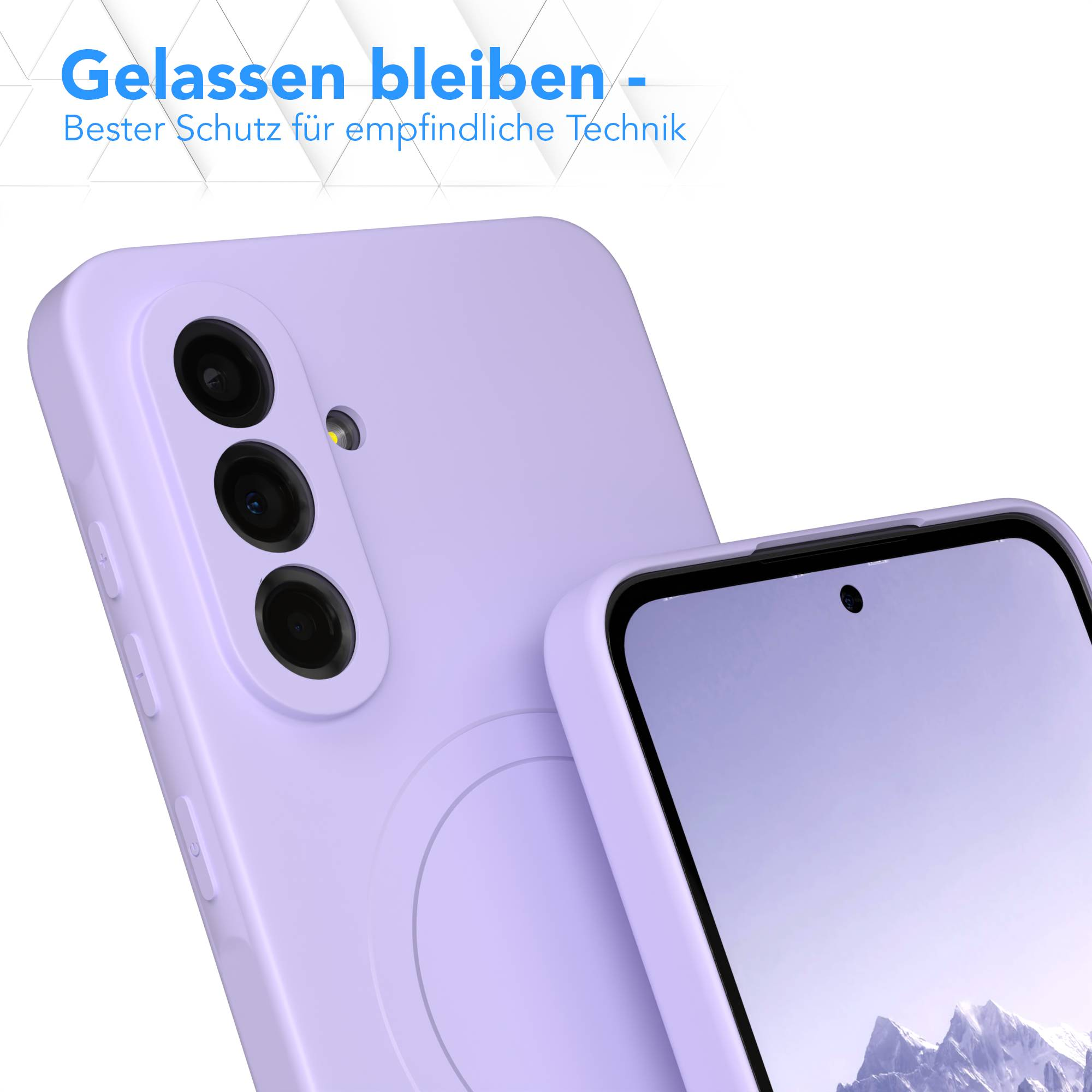 Das Bild zeigt eine lila Handyhülle mit einem Telefon darin. Text auf Deutsch oben. Der Hintergrund ist weiß.