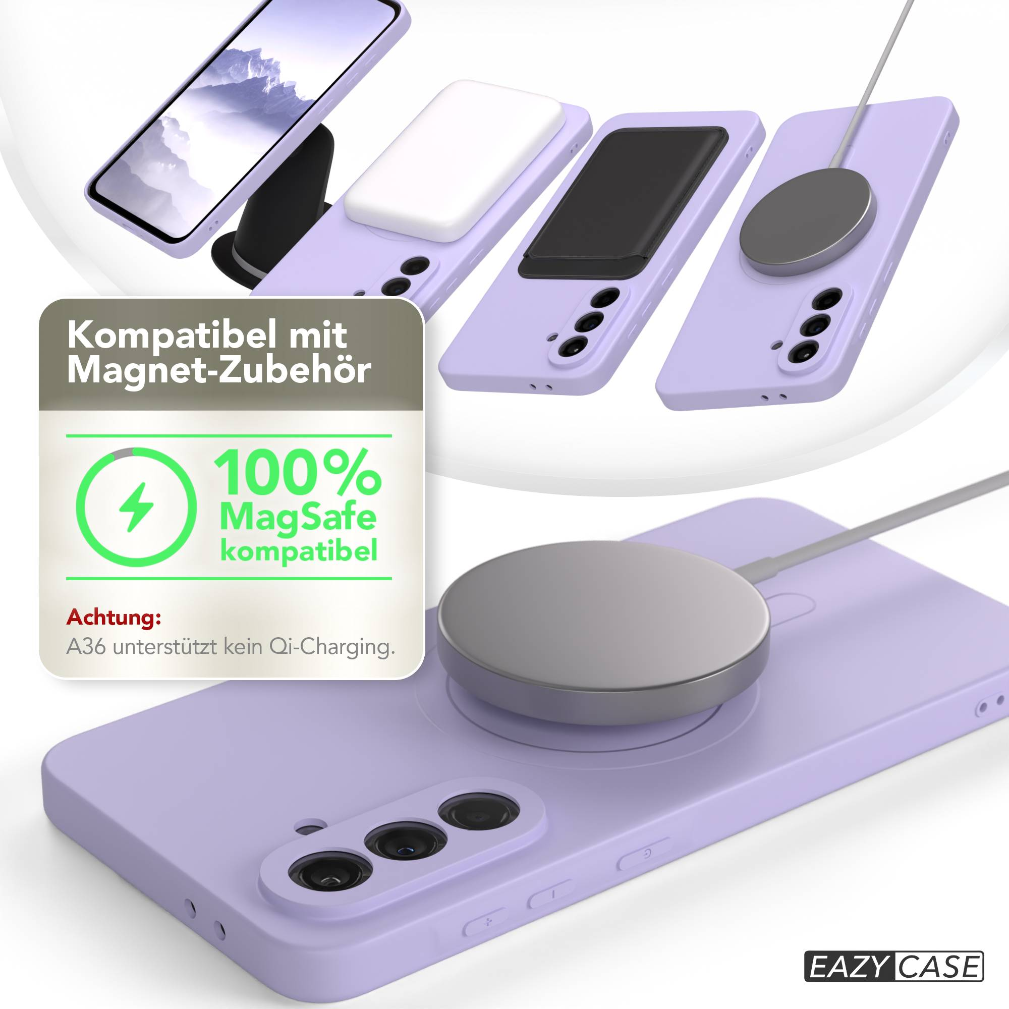Verschiedene lilafarbene Handyhüllen mit Zubehör, darunter Ladegeräte und ein Ständer, die MagSafe-Kompatibilität zeigen.