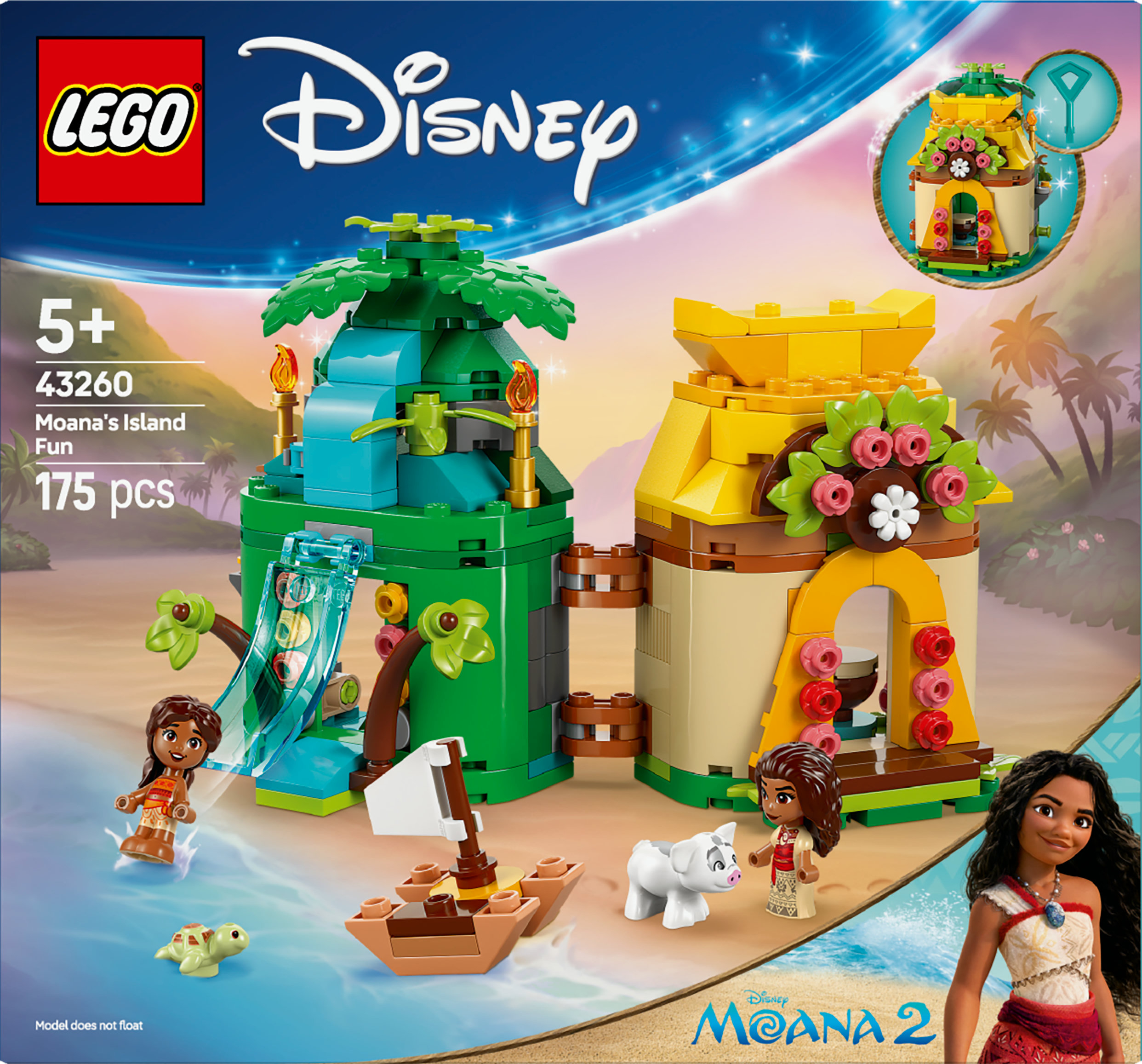 Zestaw LEGO Disney Moana's Island Fun. Zawiera dwie chaty na wyspie, Moanę, Puę, łódź i żółwia. Zawiera 175 elementów.