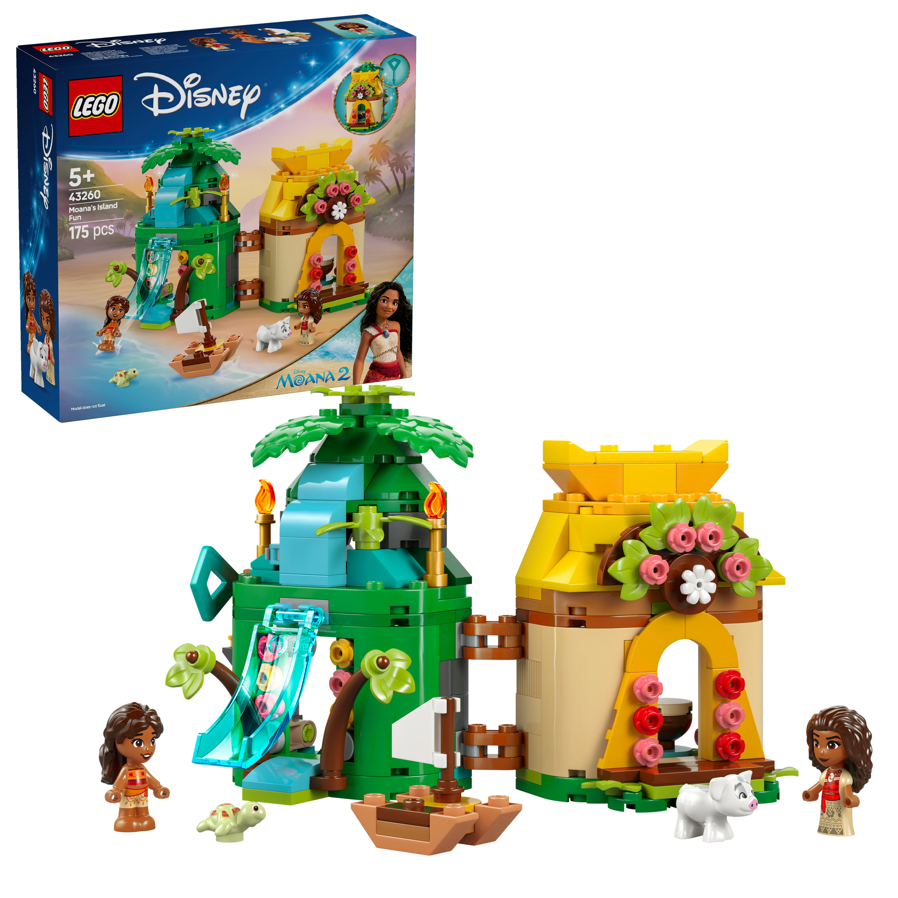 Zestaw LEGO Disney Moana's Island Fun. Zawiera figurki, łódź, budynki i zjeżdżalnię. Opakowanie jest widoczne.